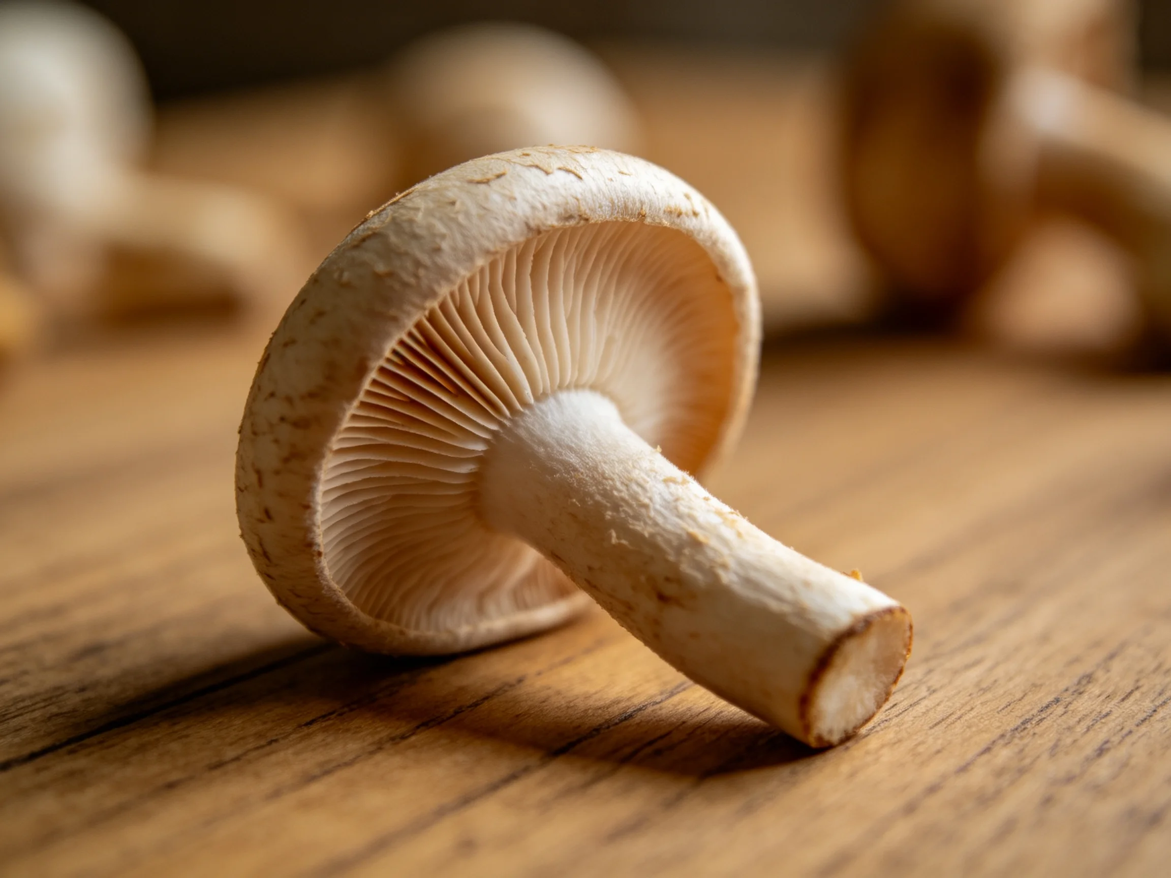 A single beige mushroom sits on a wooden surface with blurred companions