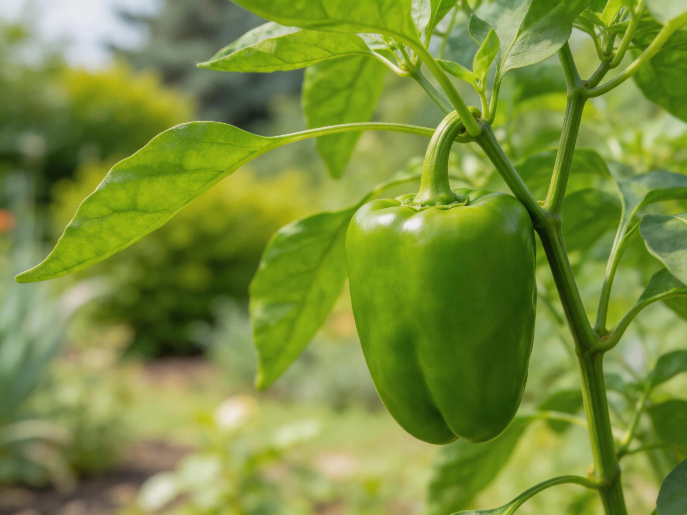 A single bright green bell pepper grows on a leafy plant in a sunlit garden