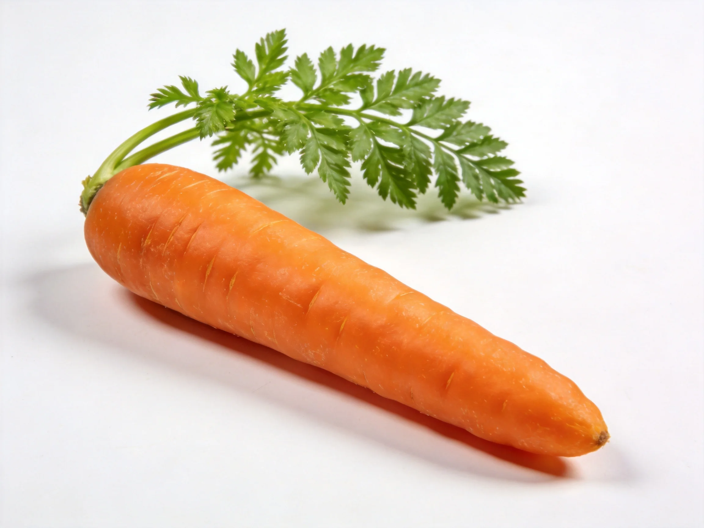 A single bright orange carrot with fresh green leafy top