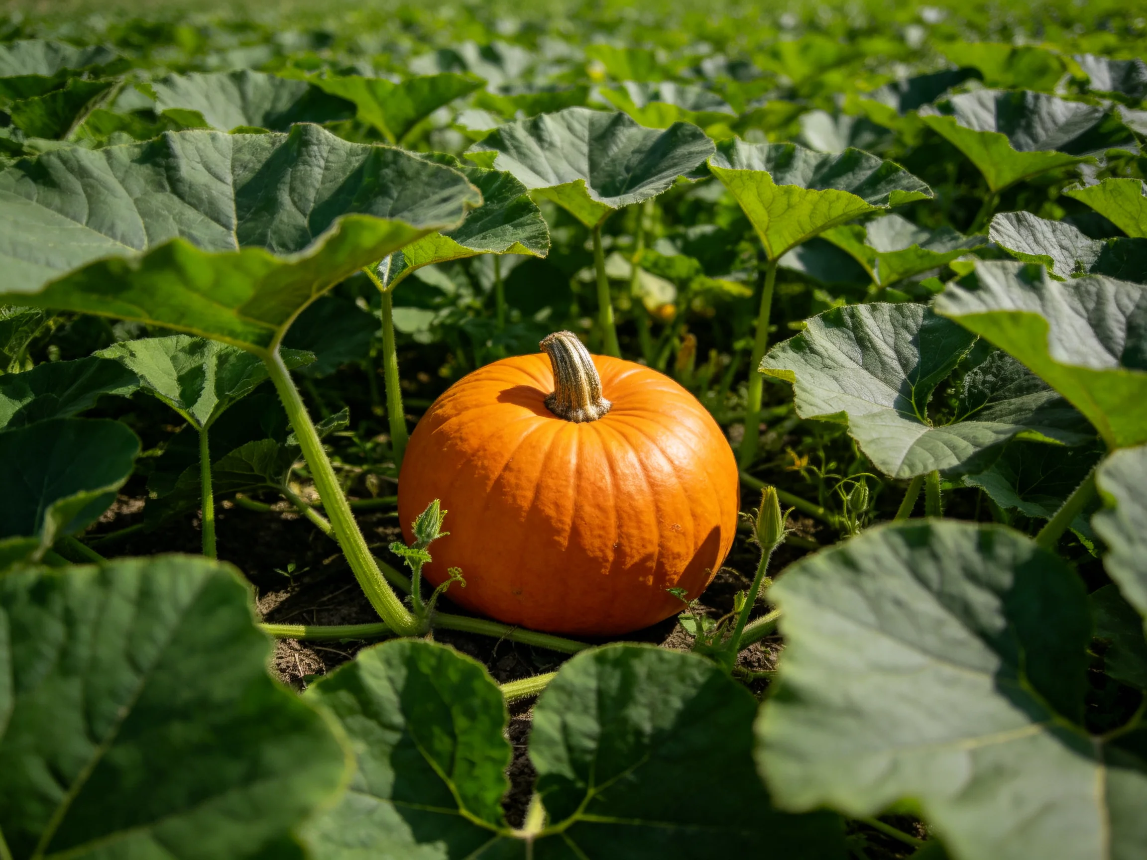 A single bright orange pumpkin surrounded by large green leaves in a sunlit field
