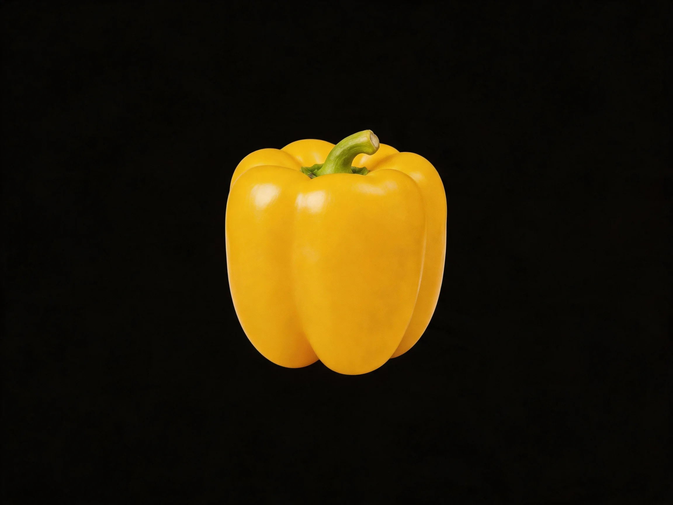 A single bright yellow bell pepper centered against a solid black background