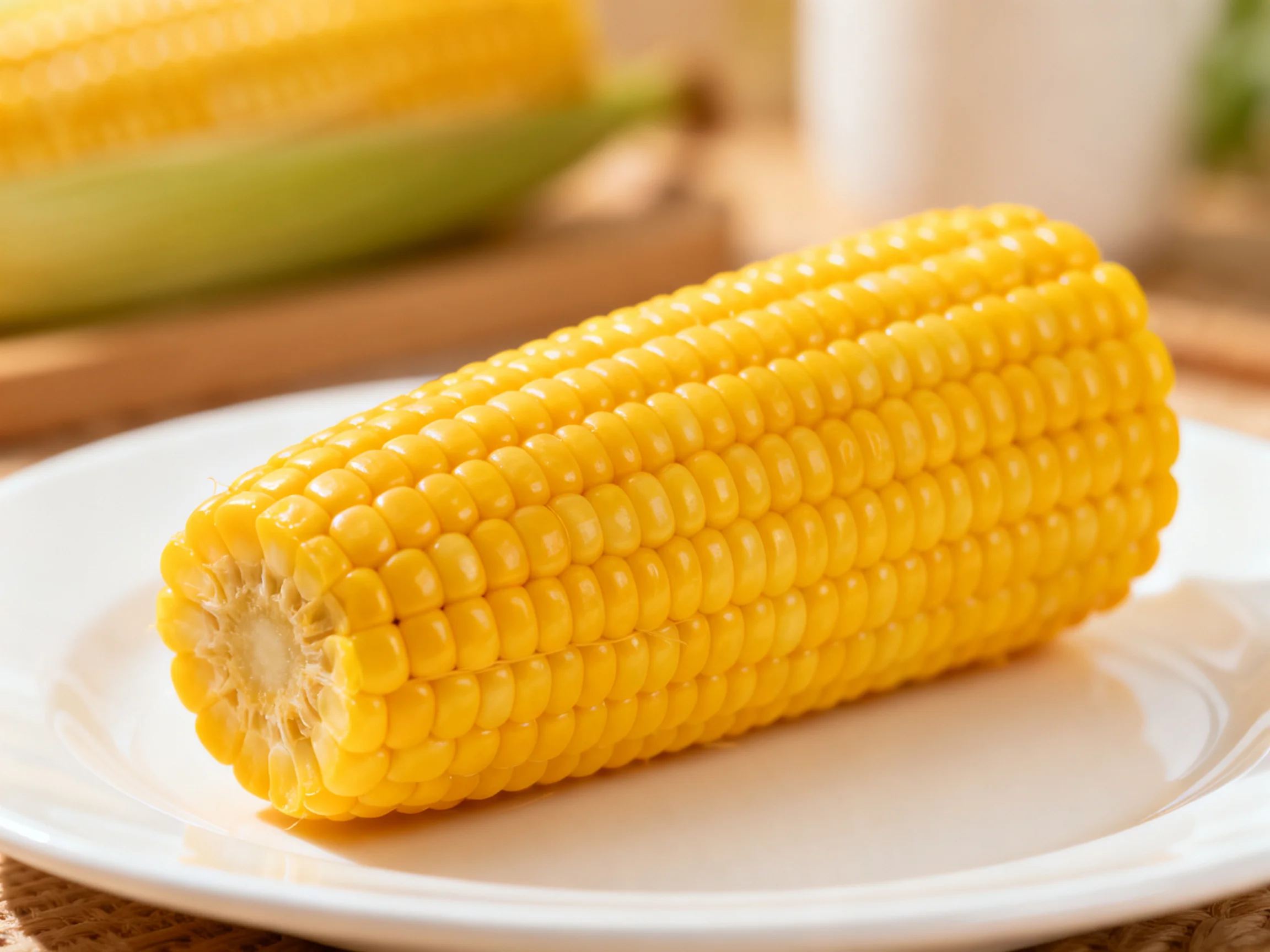 A single bright yellow corn cob rests on a white plate with a blurred corn cob in the background.