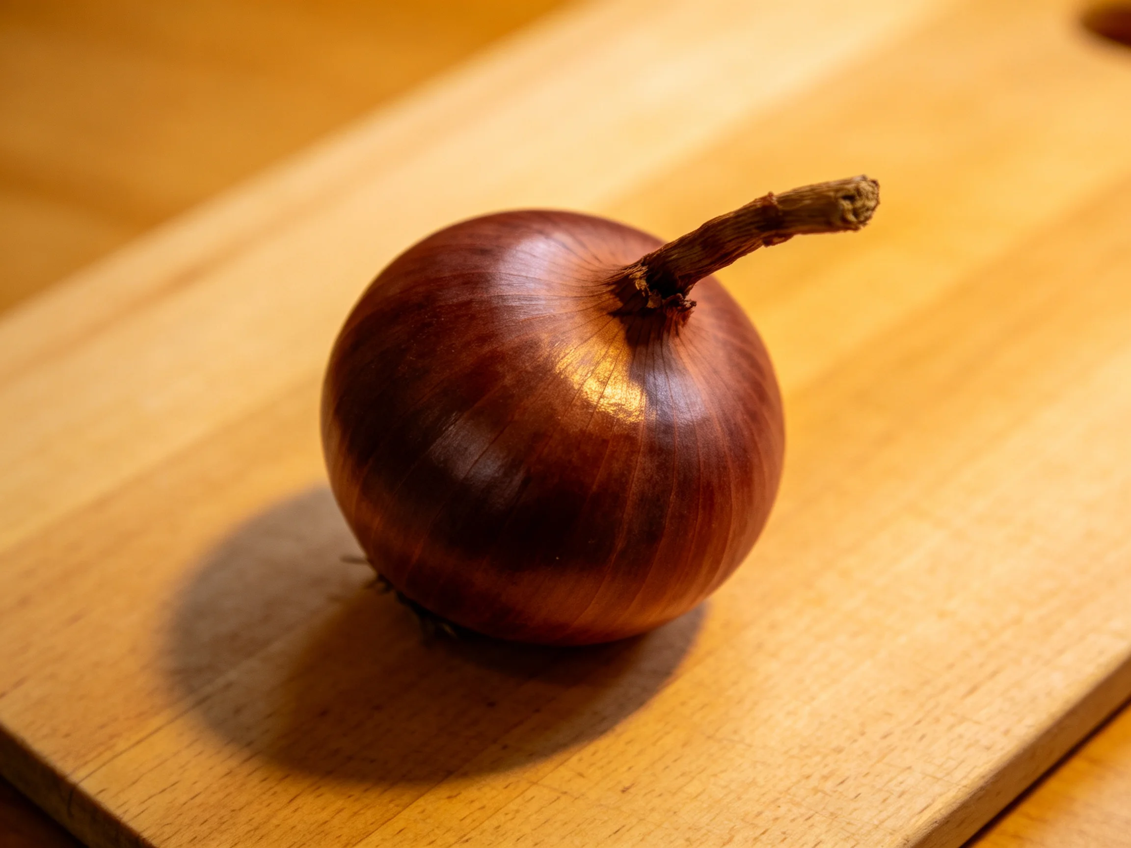 A single brown onion with a stem sits on a wooden cutting board