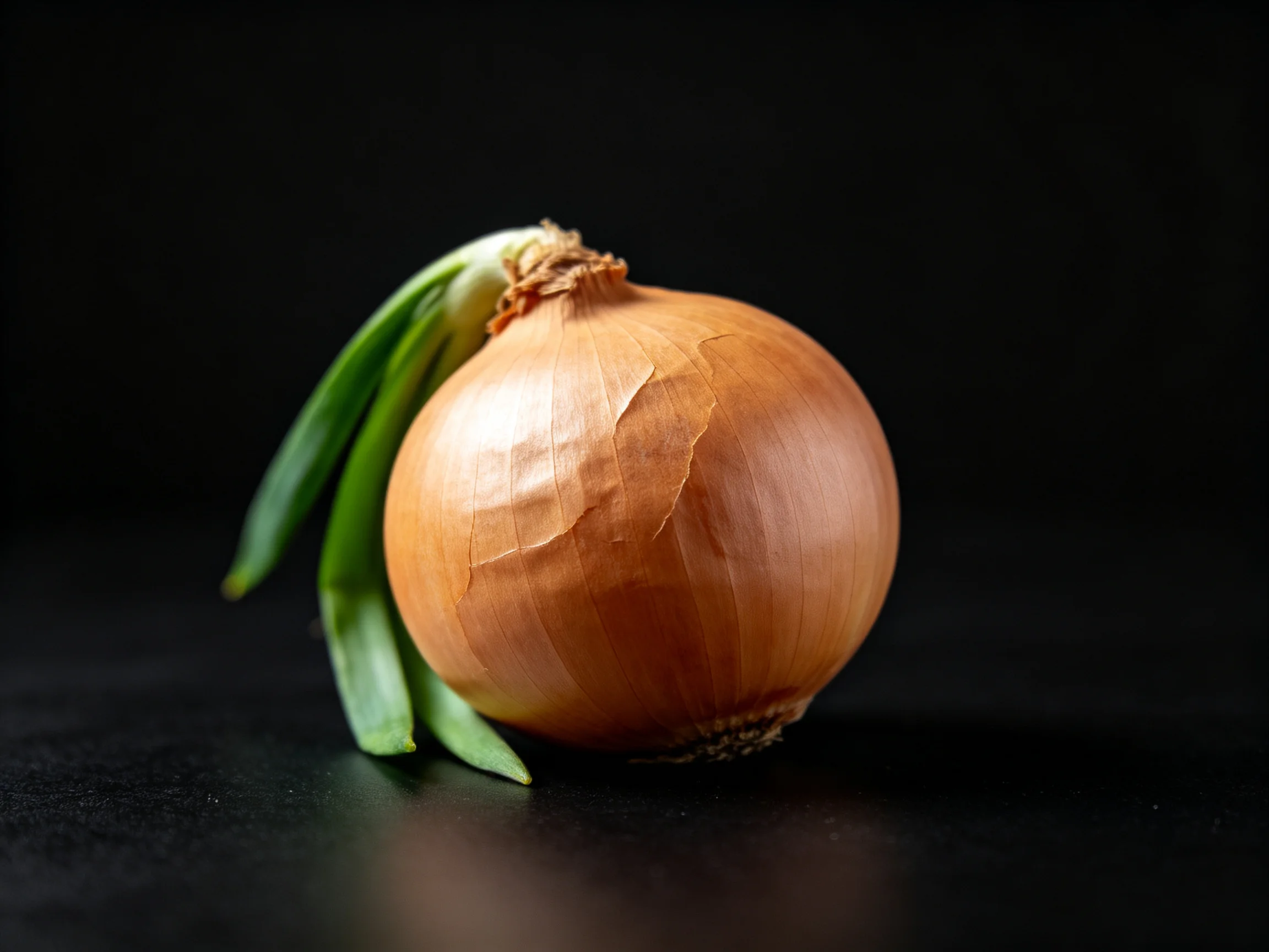 A single brown onion with fresh green shoots on a dark surface