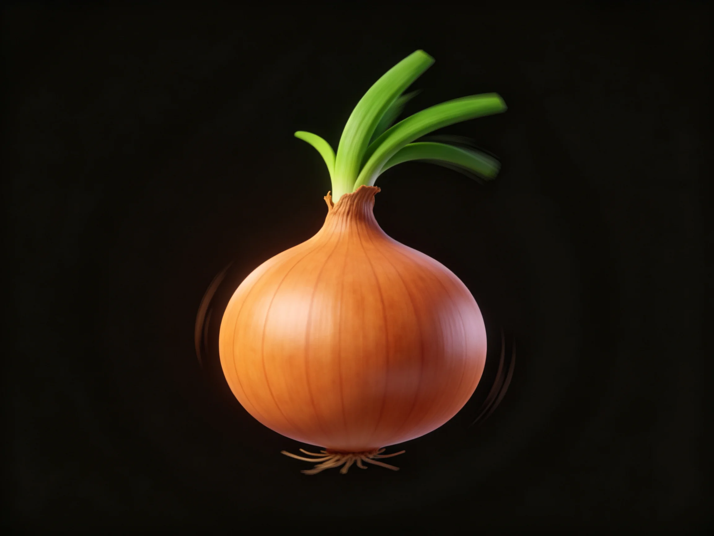 A single brown onion with vibrant green shoots on a black backdrop