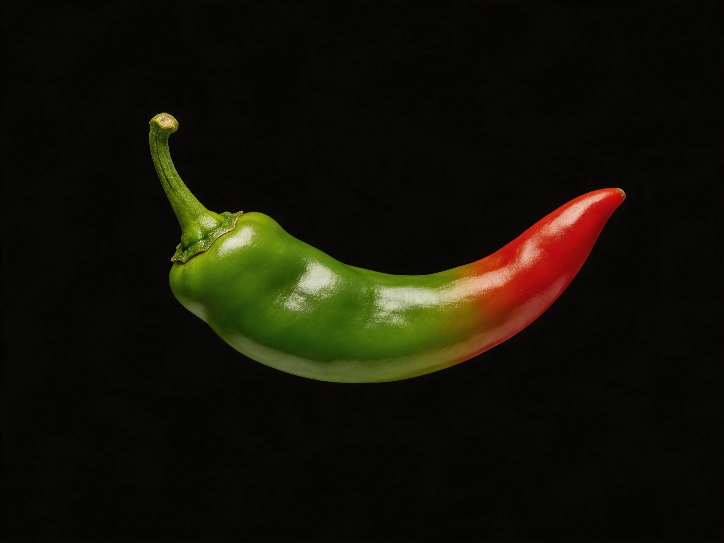 A single chili pepper with green and red coloration on a solid black background