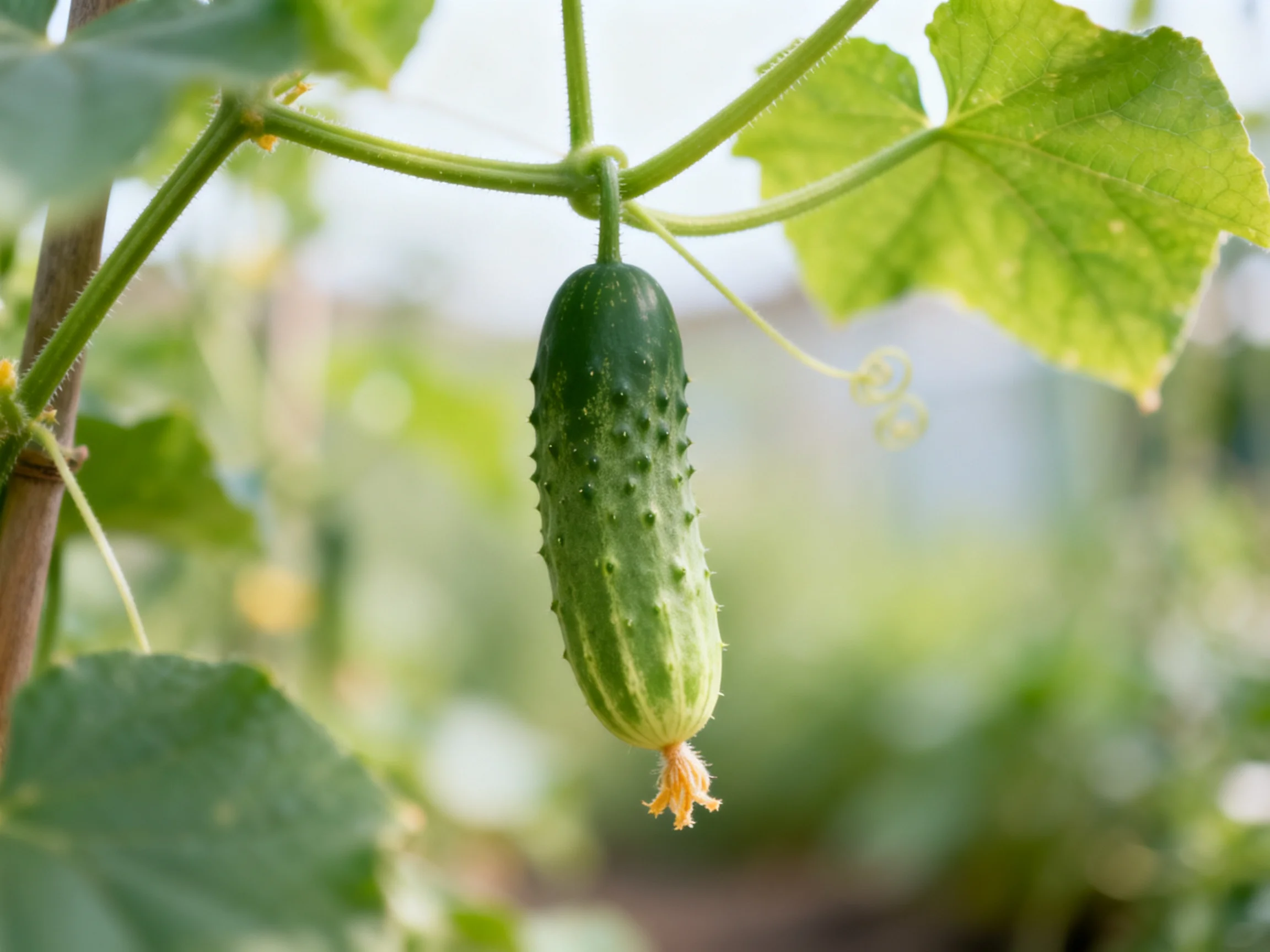 A single dark green cucumber hangs from a vine with broad leaves