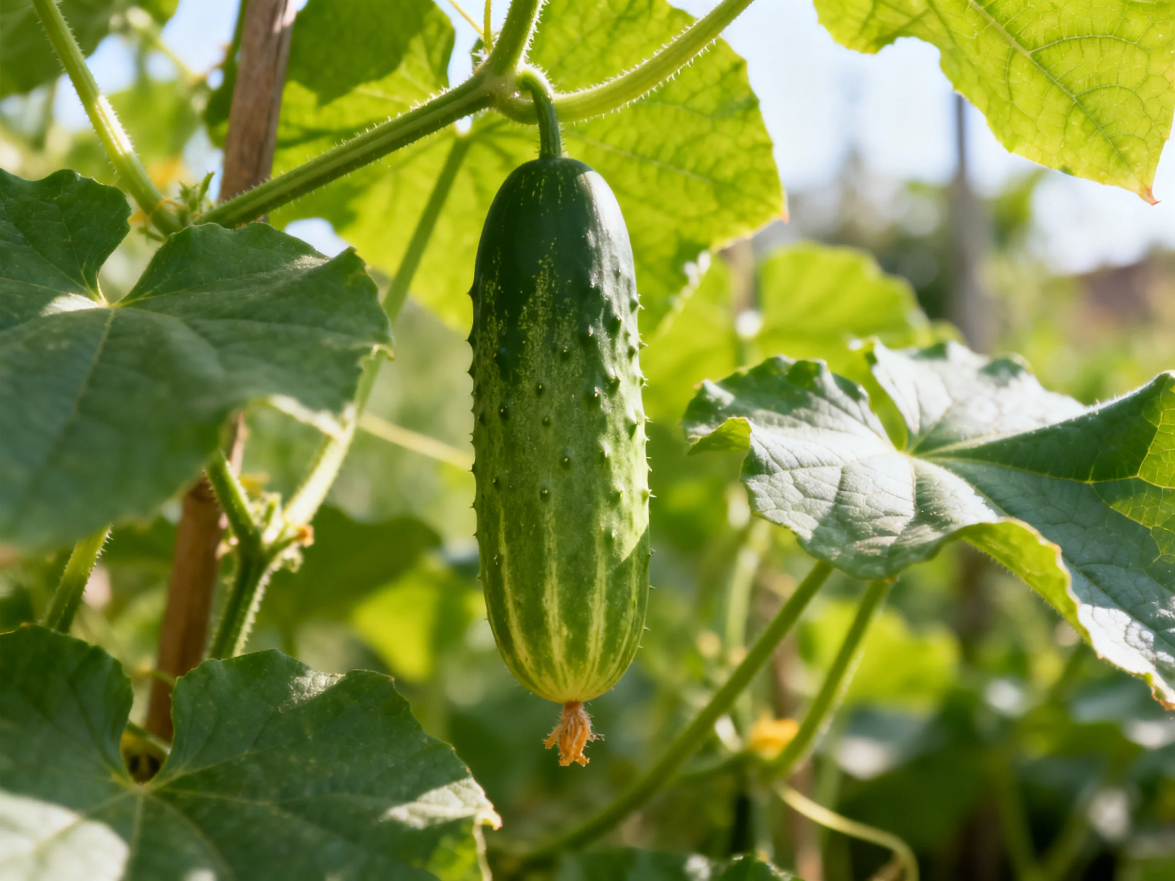 A single dark green cucumber hangs from vine amid broad leafy foliage