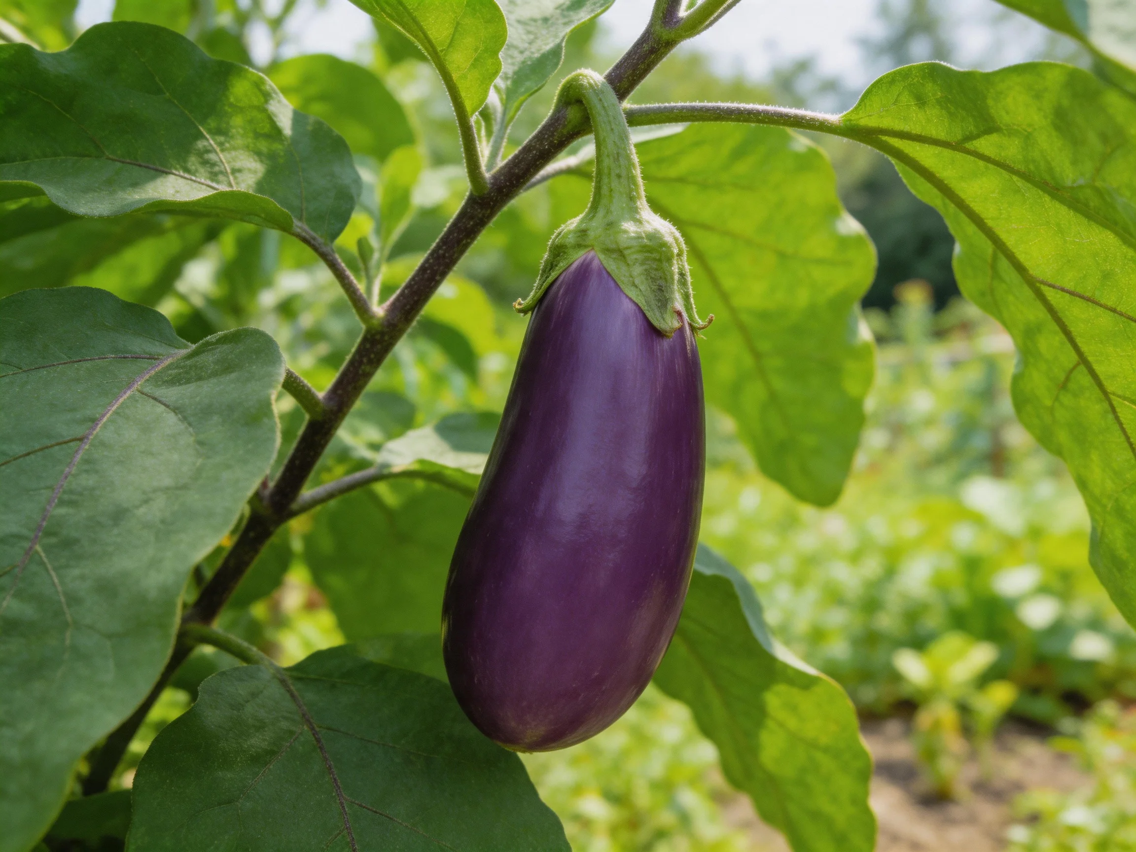 A single deep purple eggplant growing on a leafy plant
