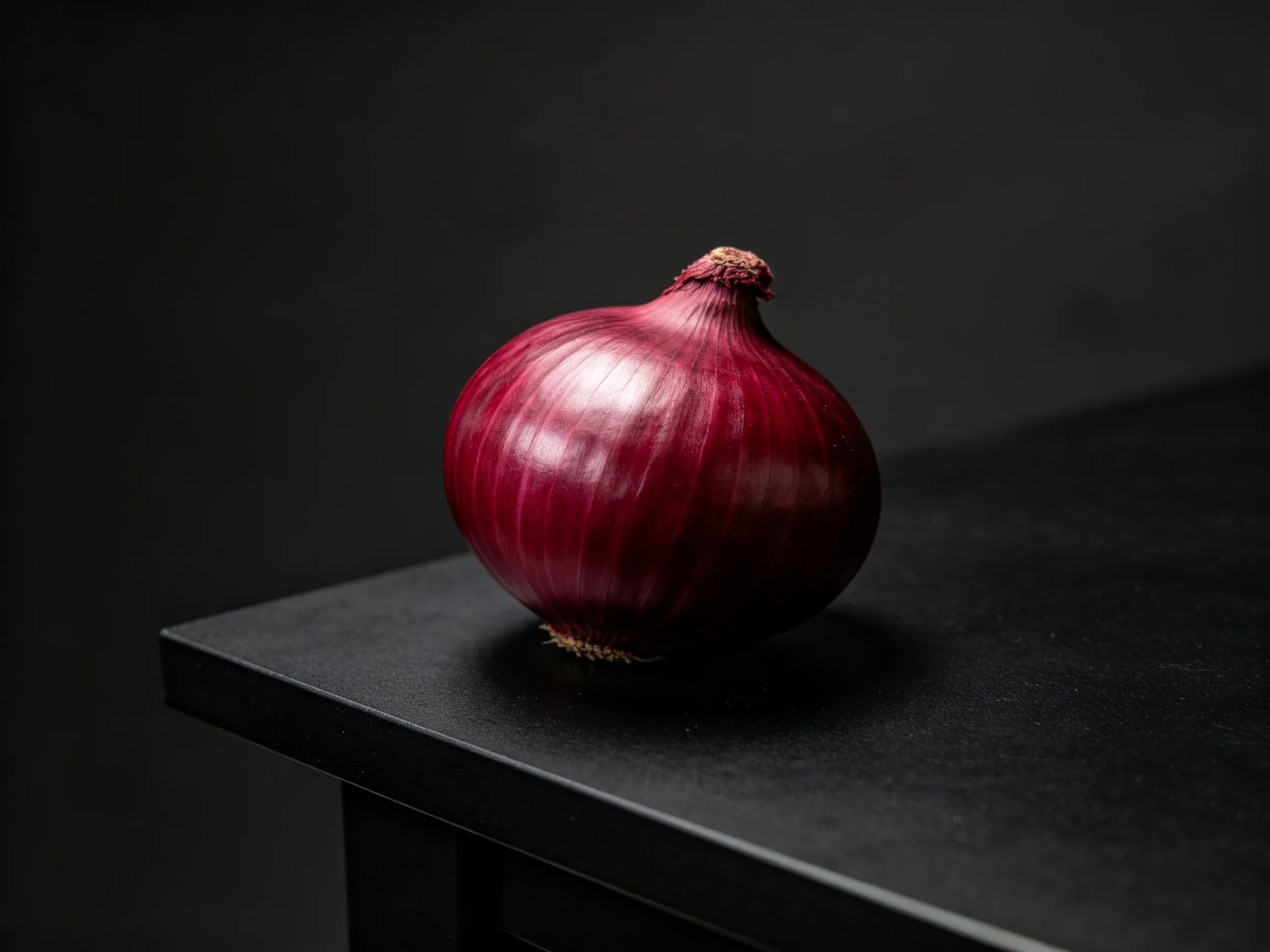 A single deep red onion rests on a sleek black table against a dark background