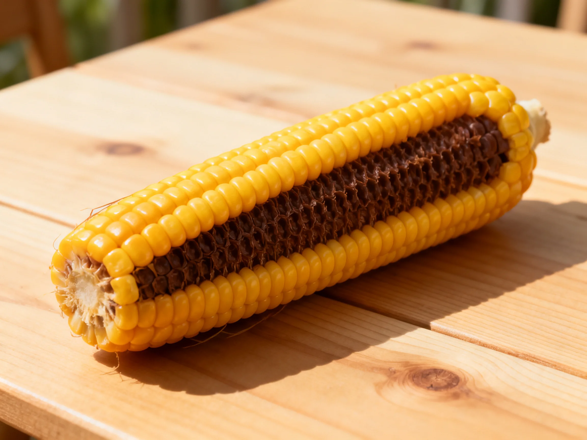 A single ear of yellow and dark brown corn rests on a light wooden table
