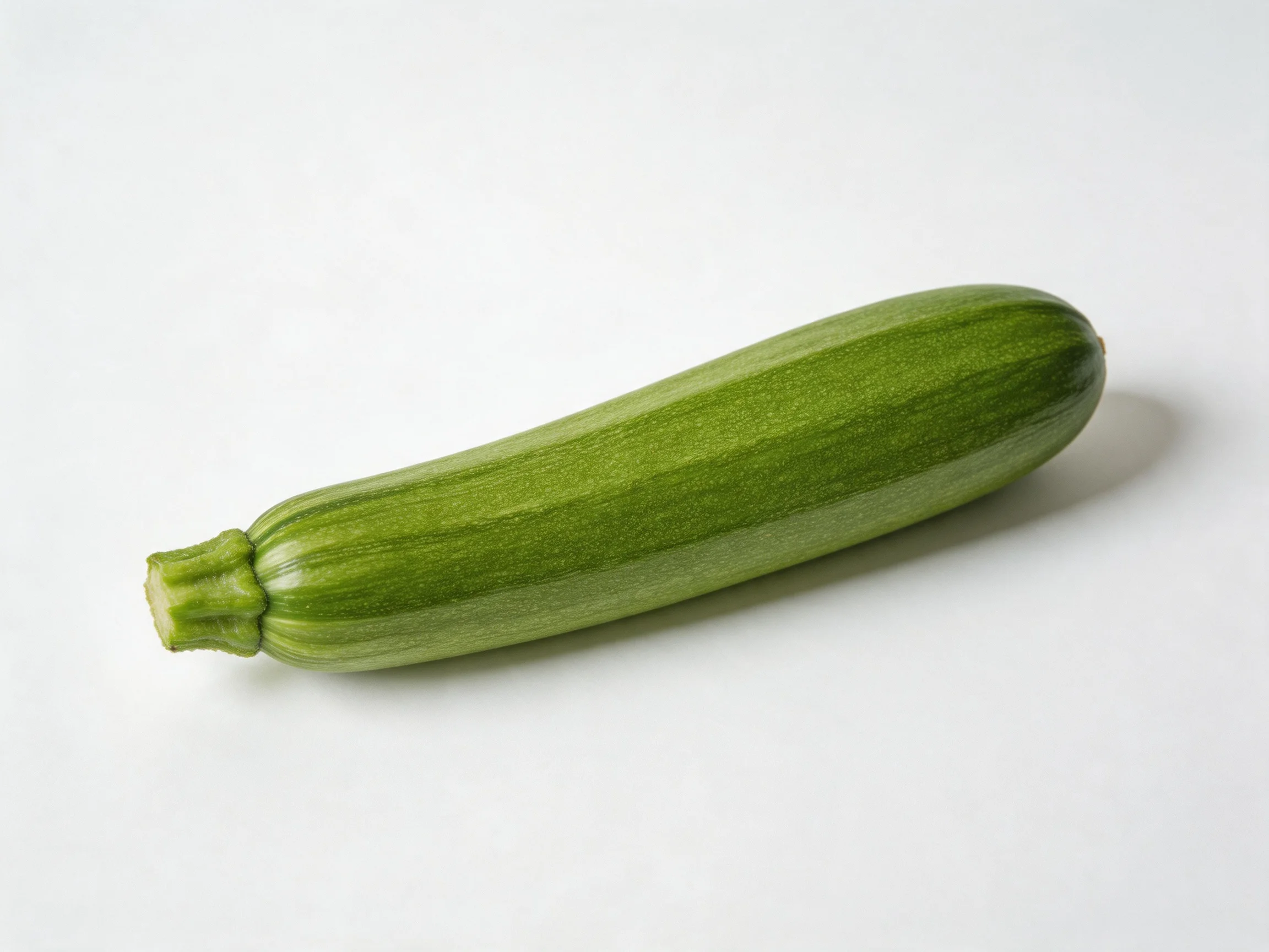 A single elongated green zucchini rests on a plain white surface
