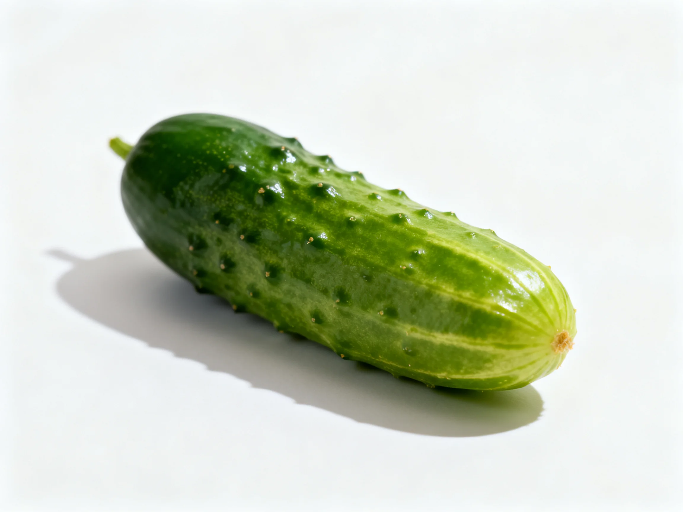 A single fresh green cucumber with bumpy skin on plain white