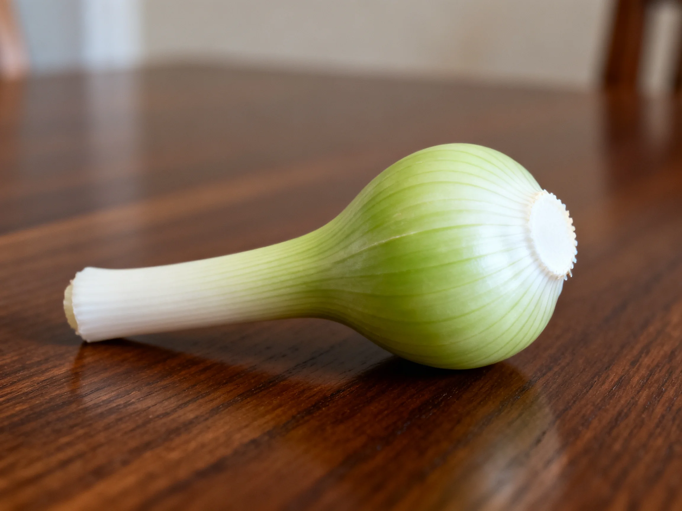 A single fresh green onion rests on a polished wooden table