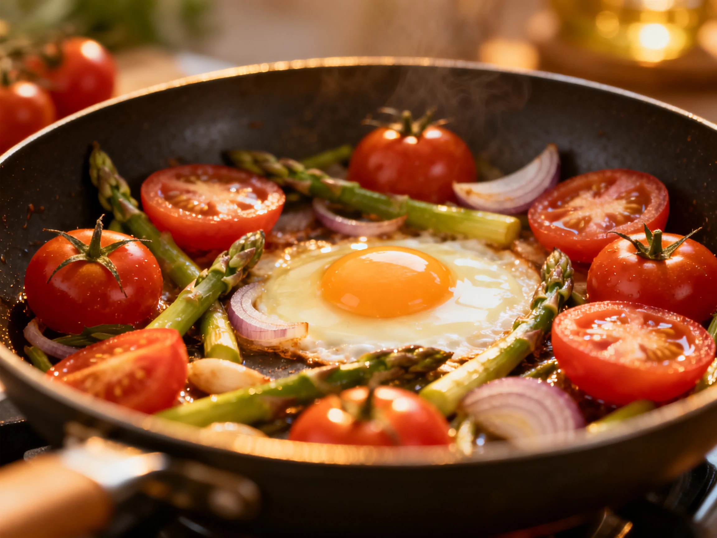 A single fried egg surrounded by eight cherry tomatoes, asparagus, and onions in a black frying pan