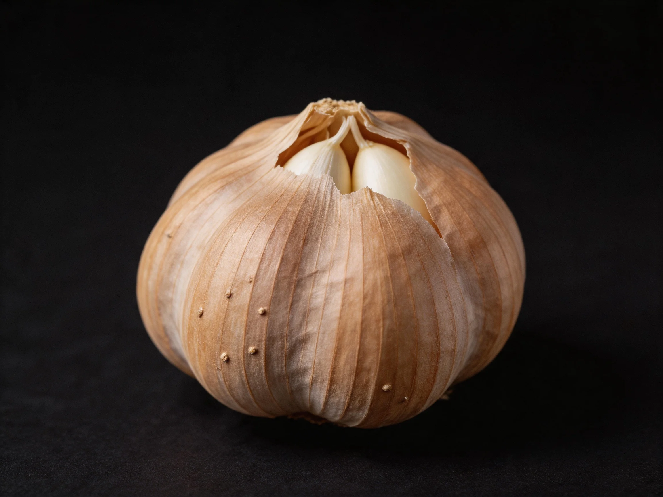 A single garlic bulb with brown papery skin on a black background