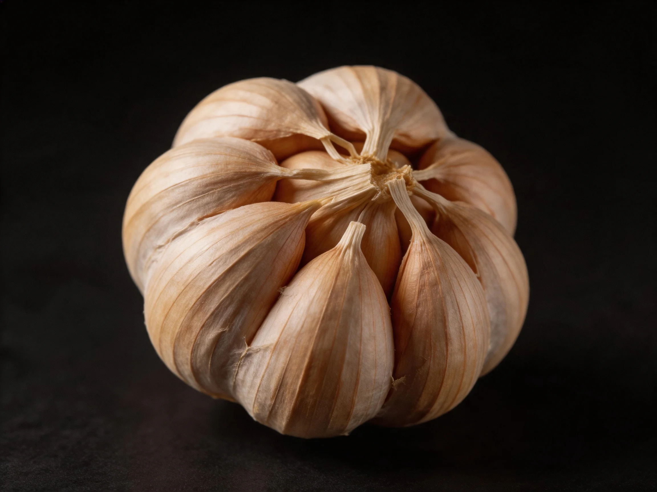 A single garlic bulb with light brown papery cloves against a dark background