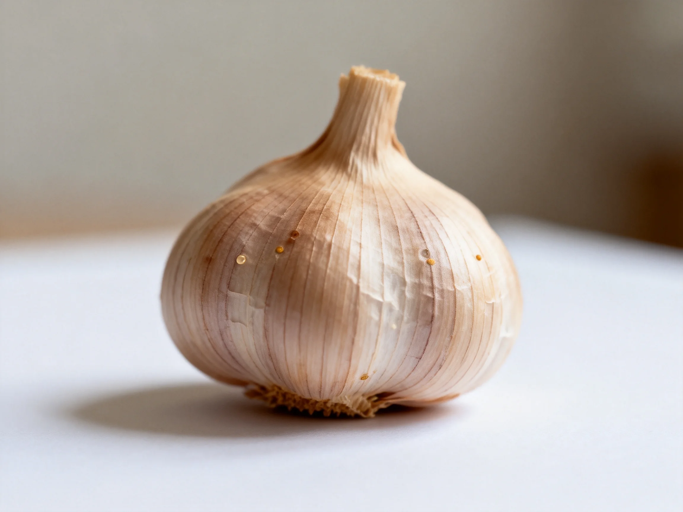 A single garlic bulb with light brown papery skin on a white surface