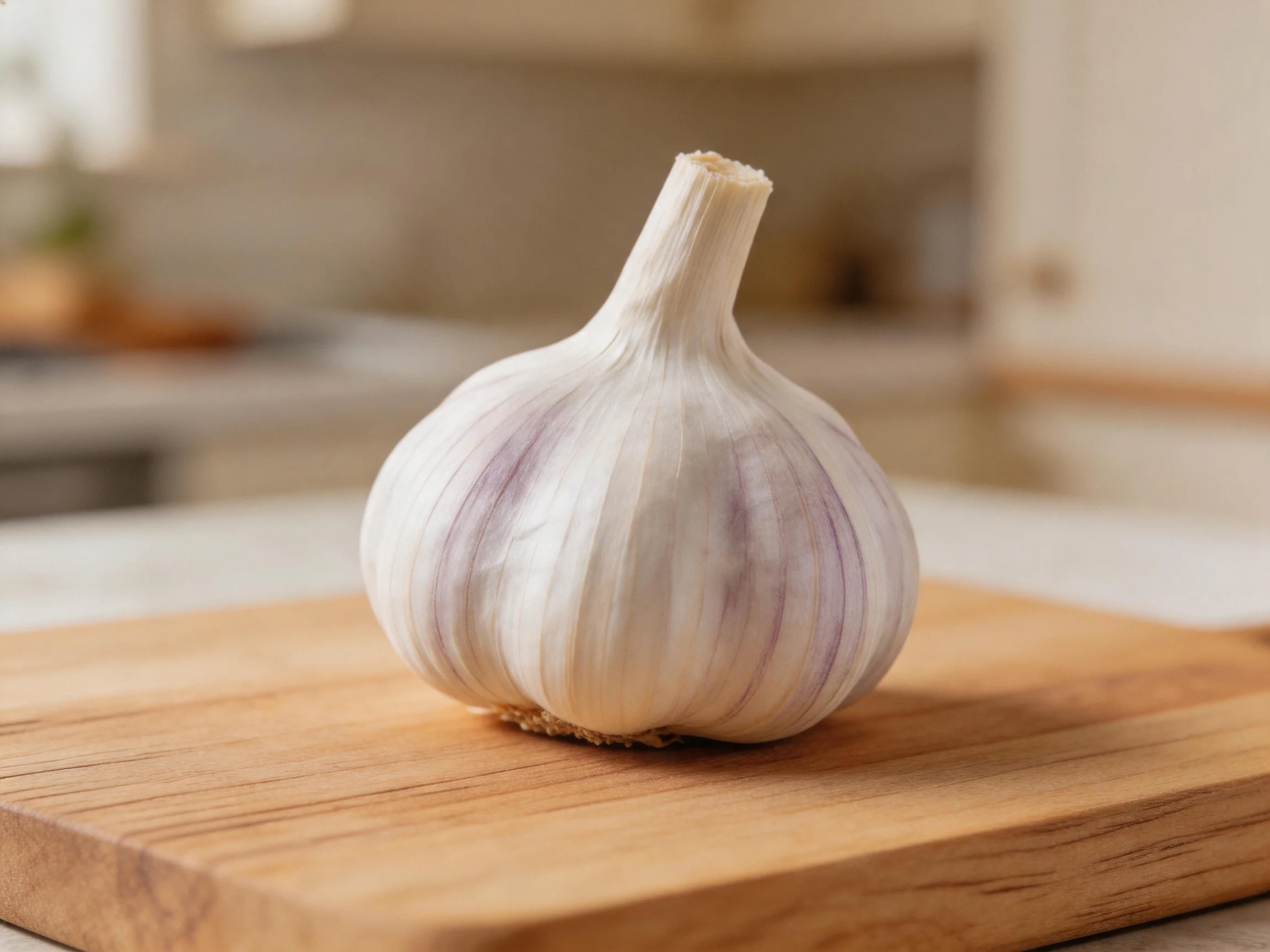 A single garlic bulb with purple streaks rests on a wooden cutting board