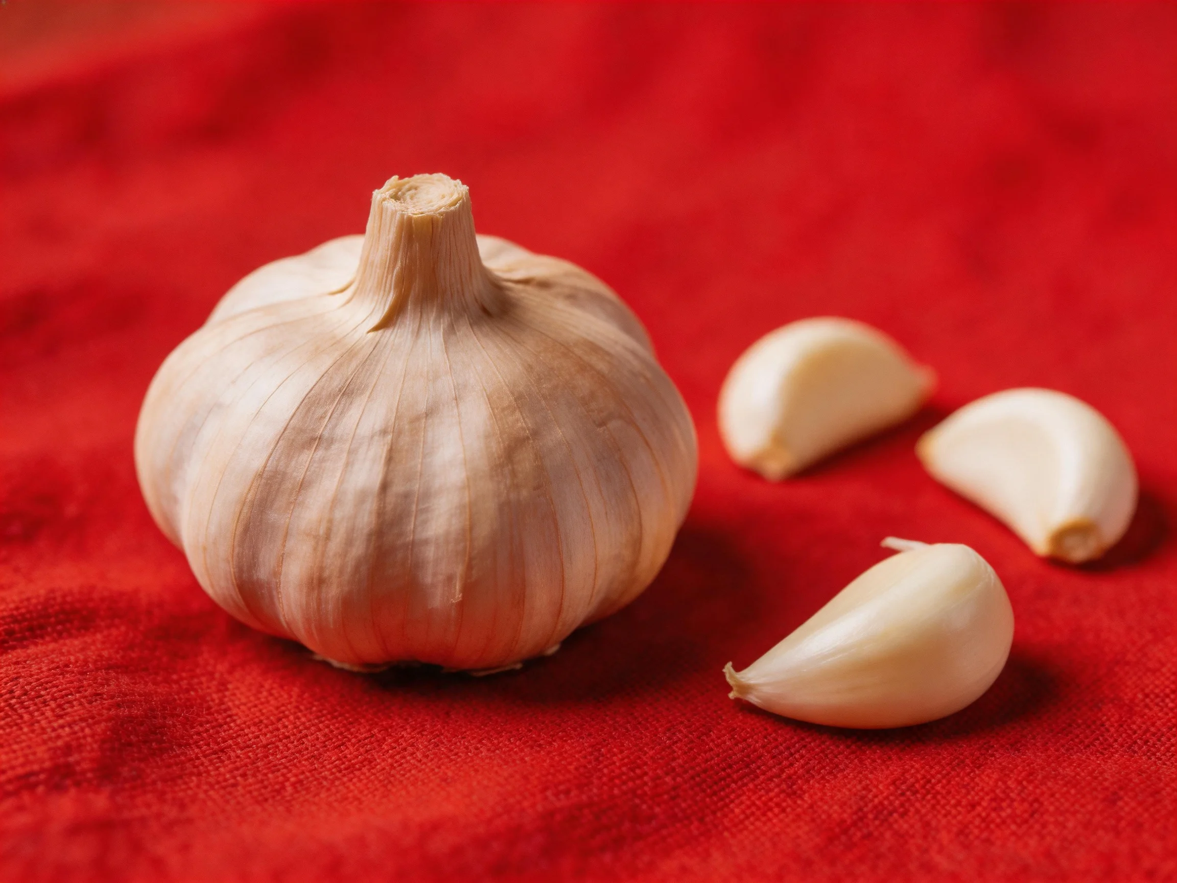 A single garlic bulb with three cloves on a vibrant red cloth