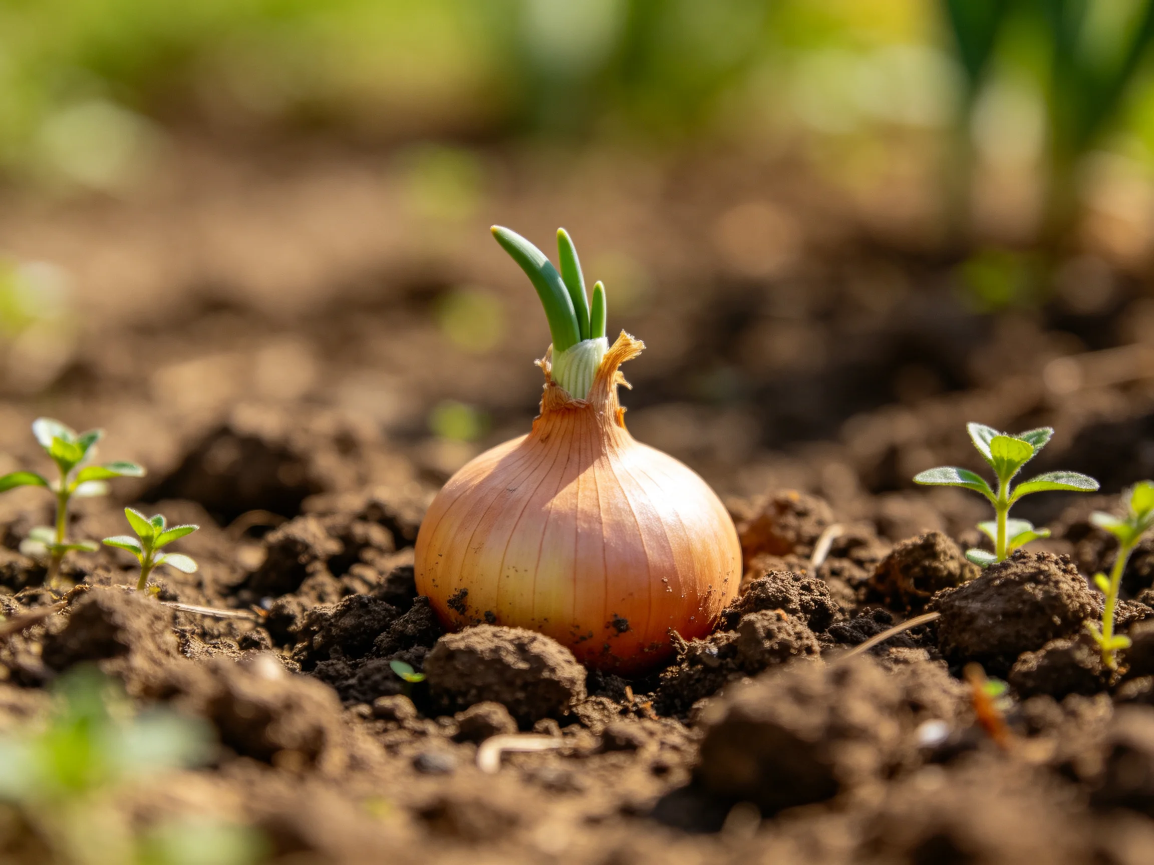 A single golden-brown onion bulb with green shoots grows in dark brown soil among young plants.