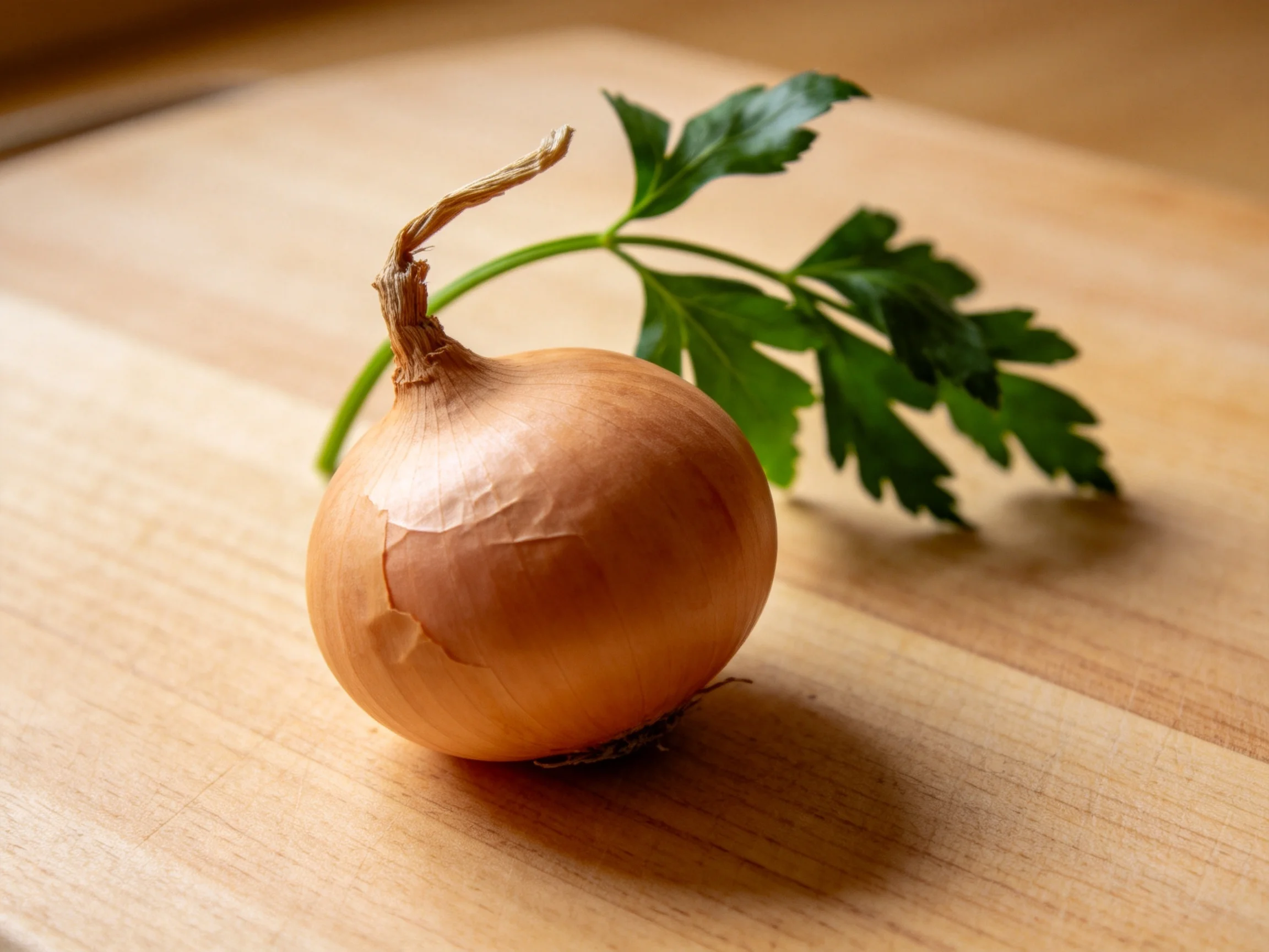 A single golden-brown onion with fresh green parsley on a light wooden surface