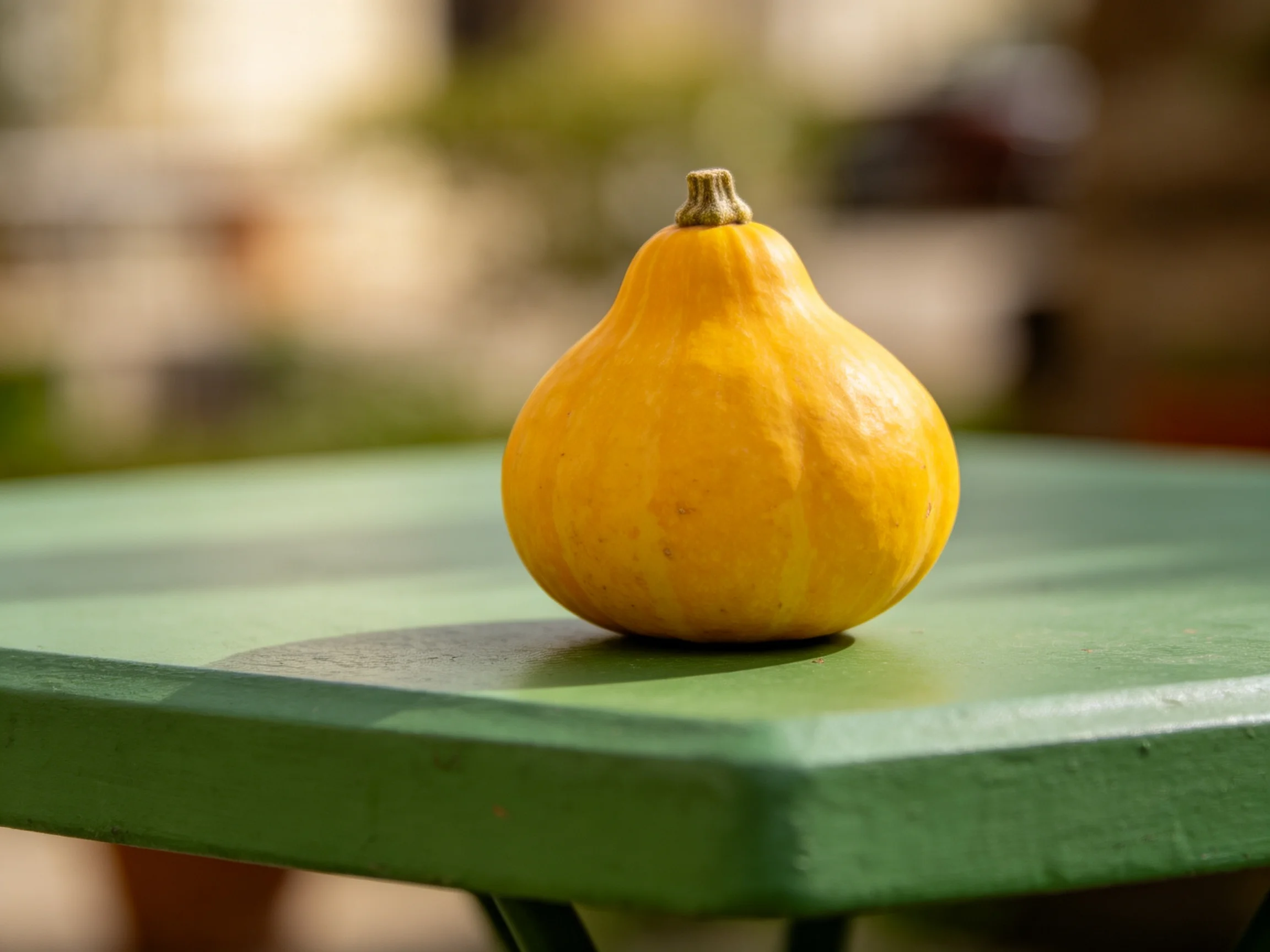 A single golden - yellow squash rests on a smooth green outdoor table