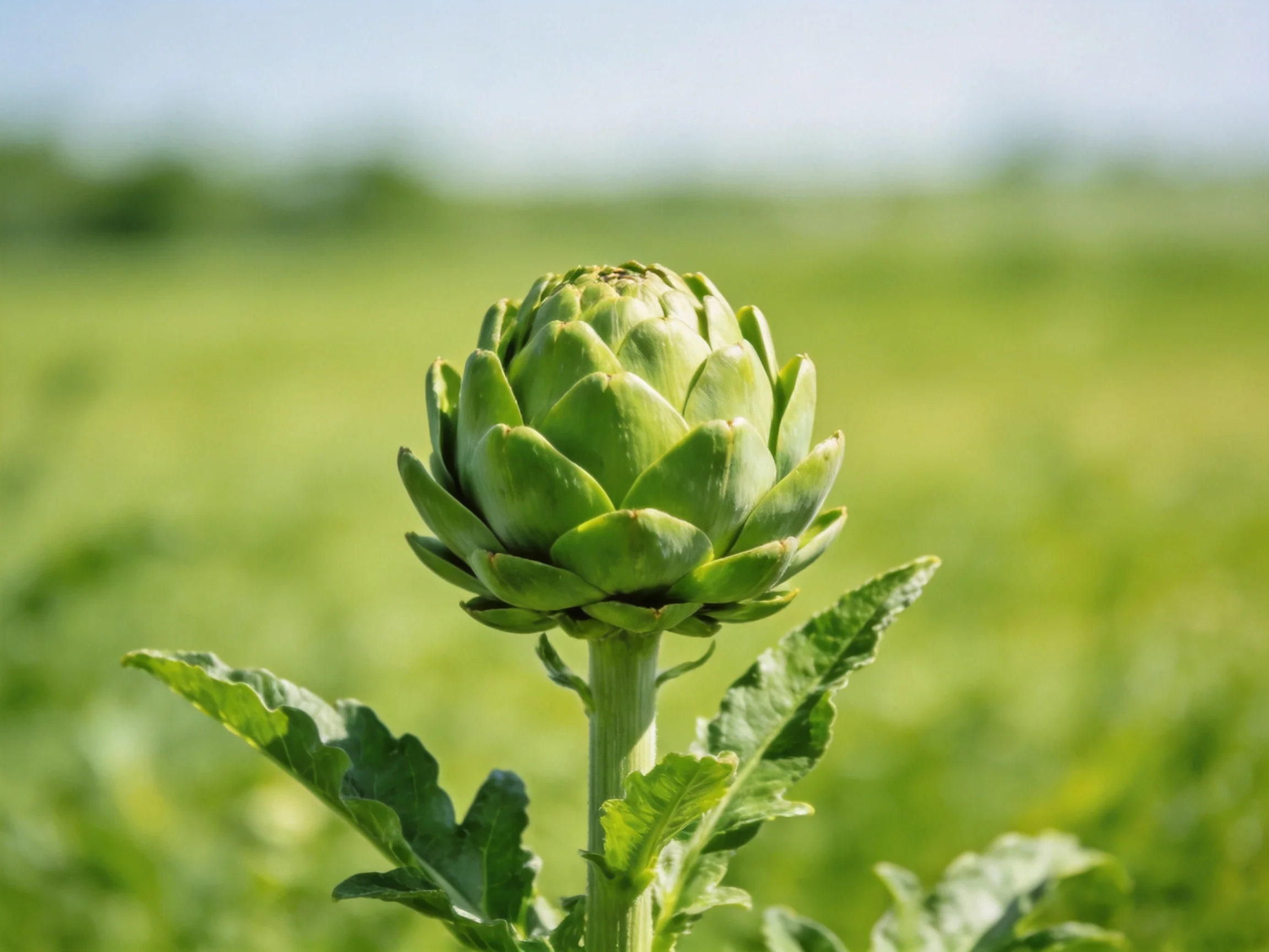 A single green artichoke bud stands out in a sun-drenched green field