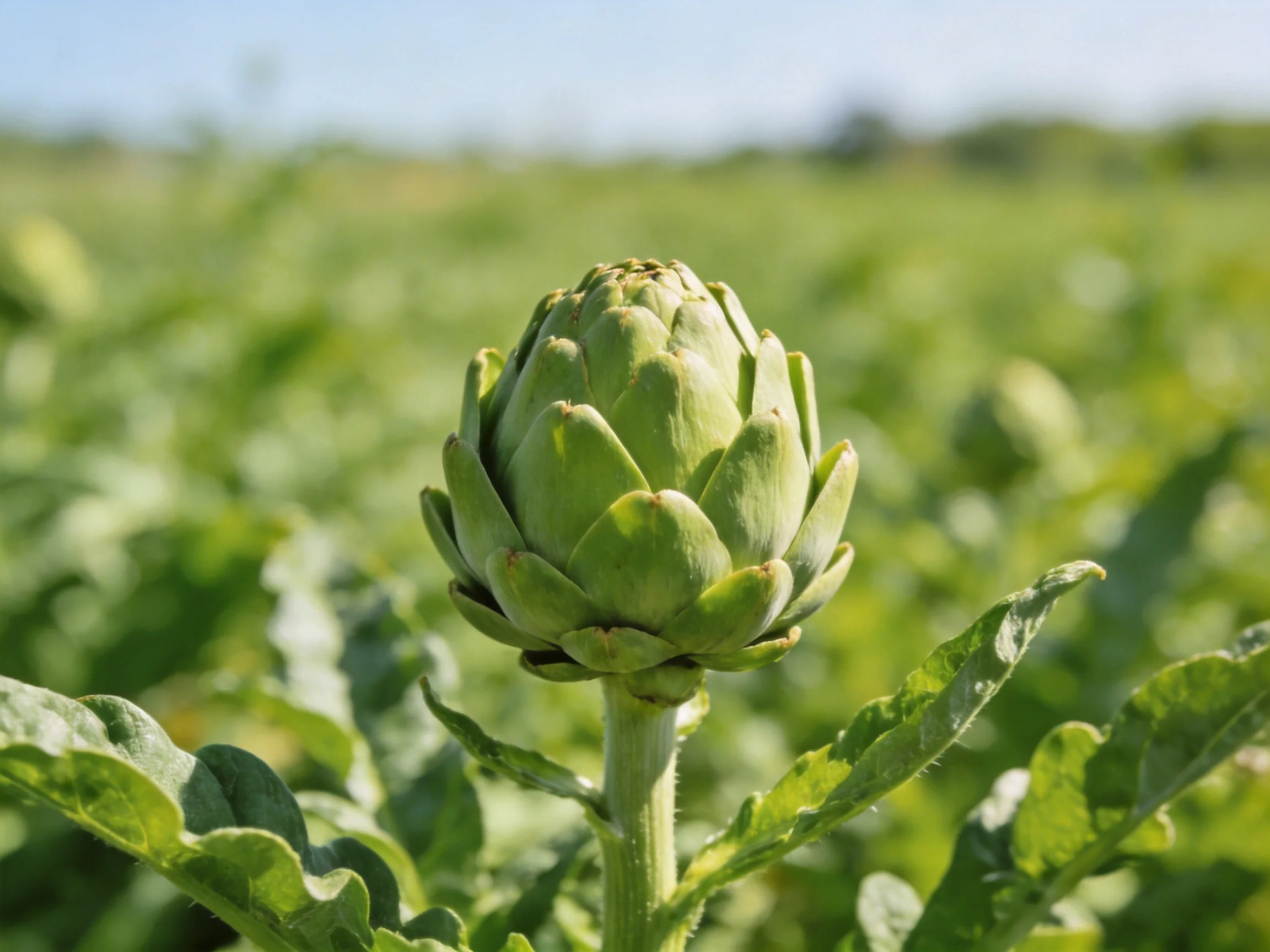 A single green artichoke bud stands prominently among lush green foliage