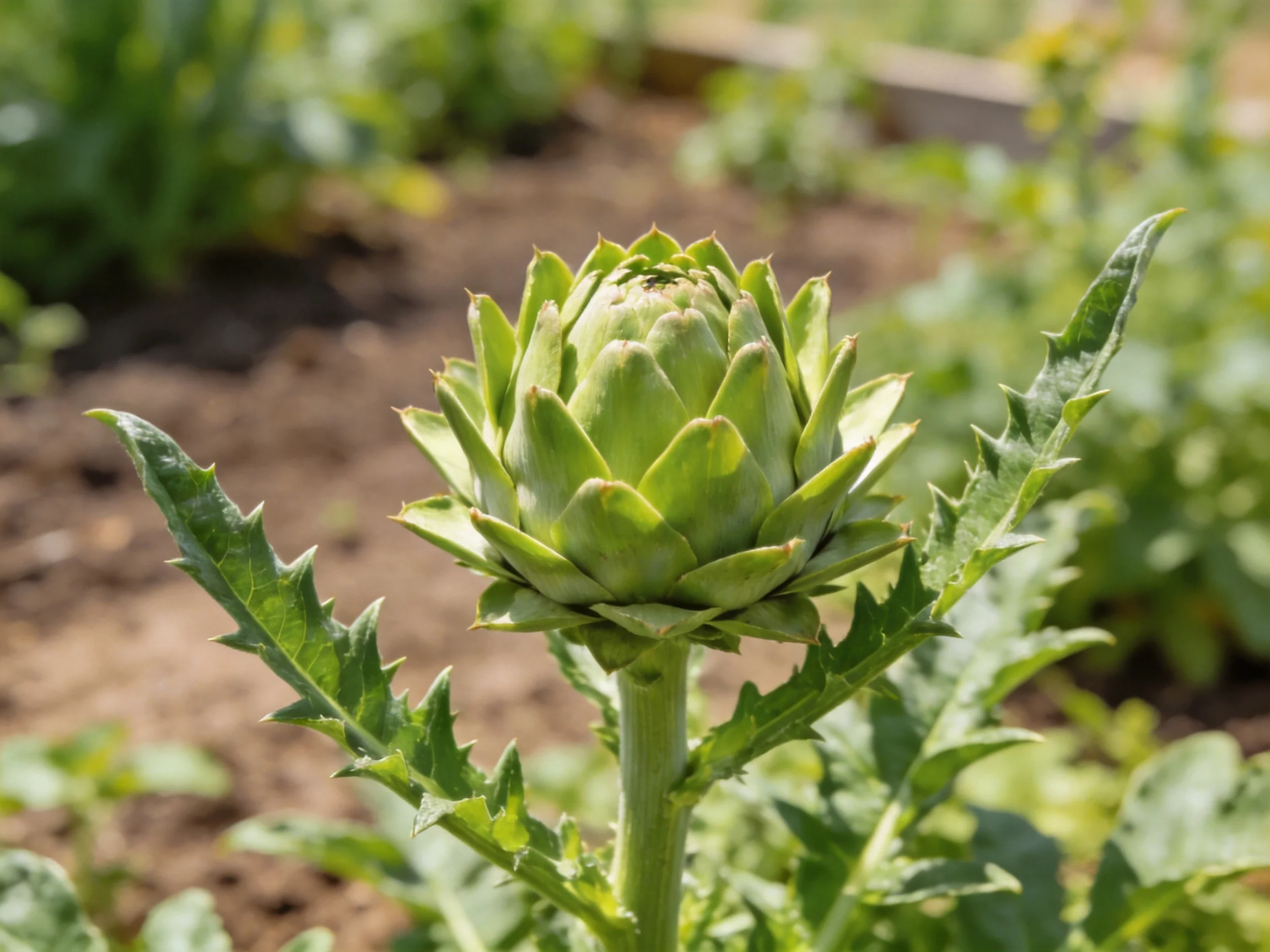A single green artichoke bud surrounded by leafy plants in a garden