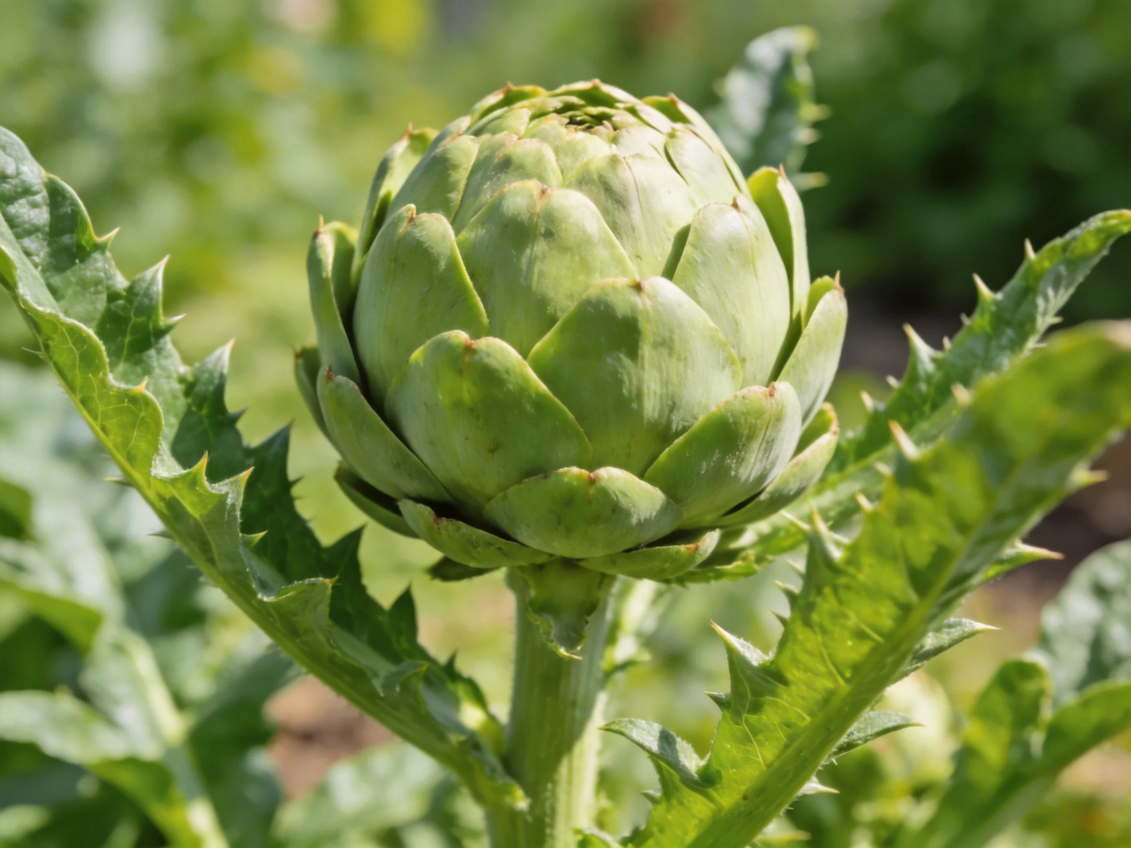 A single green artichoke bud with spiky leaves in a sunlit garden