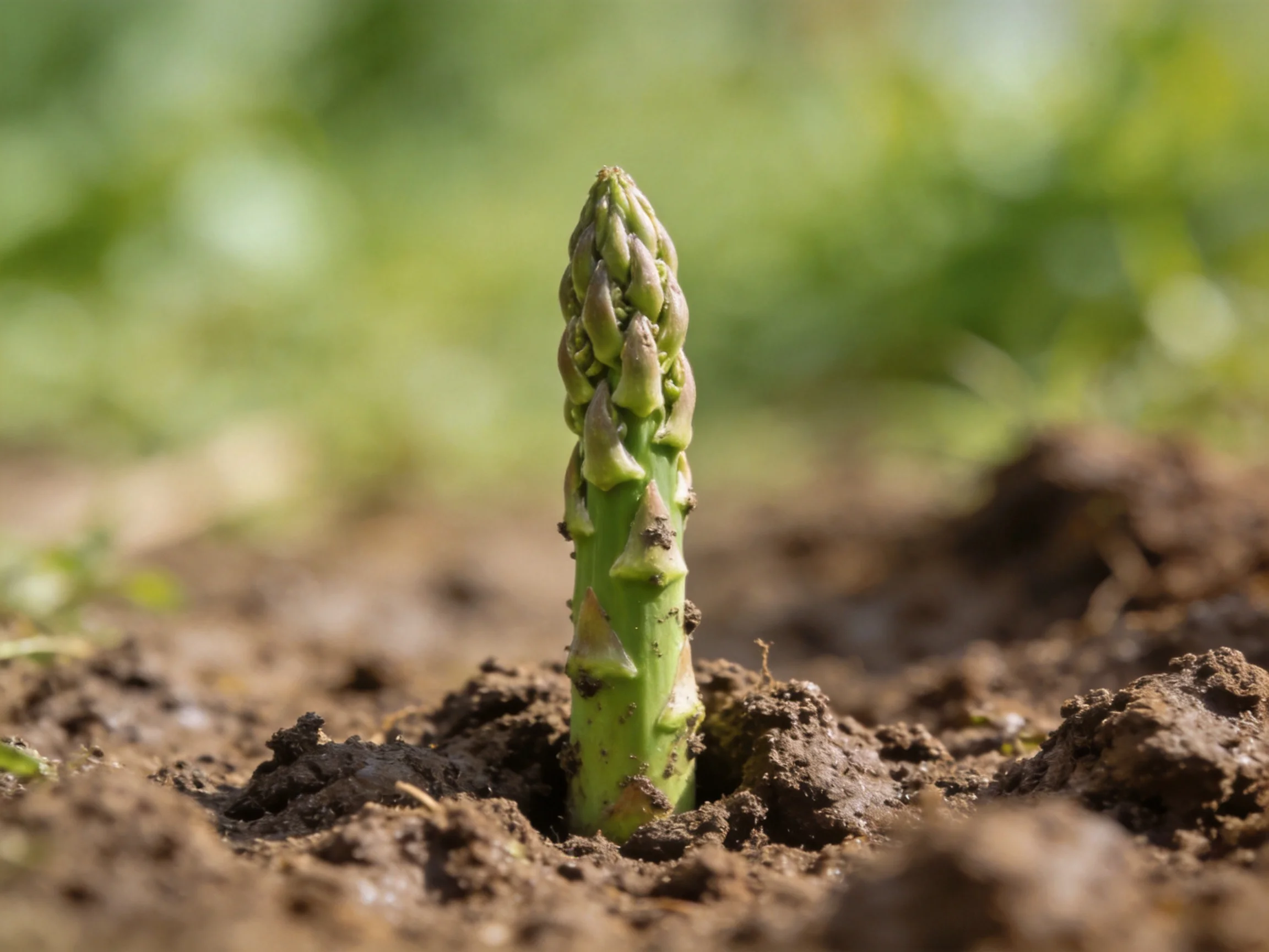 A single green asparagus spear emerges from dark brown soil
