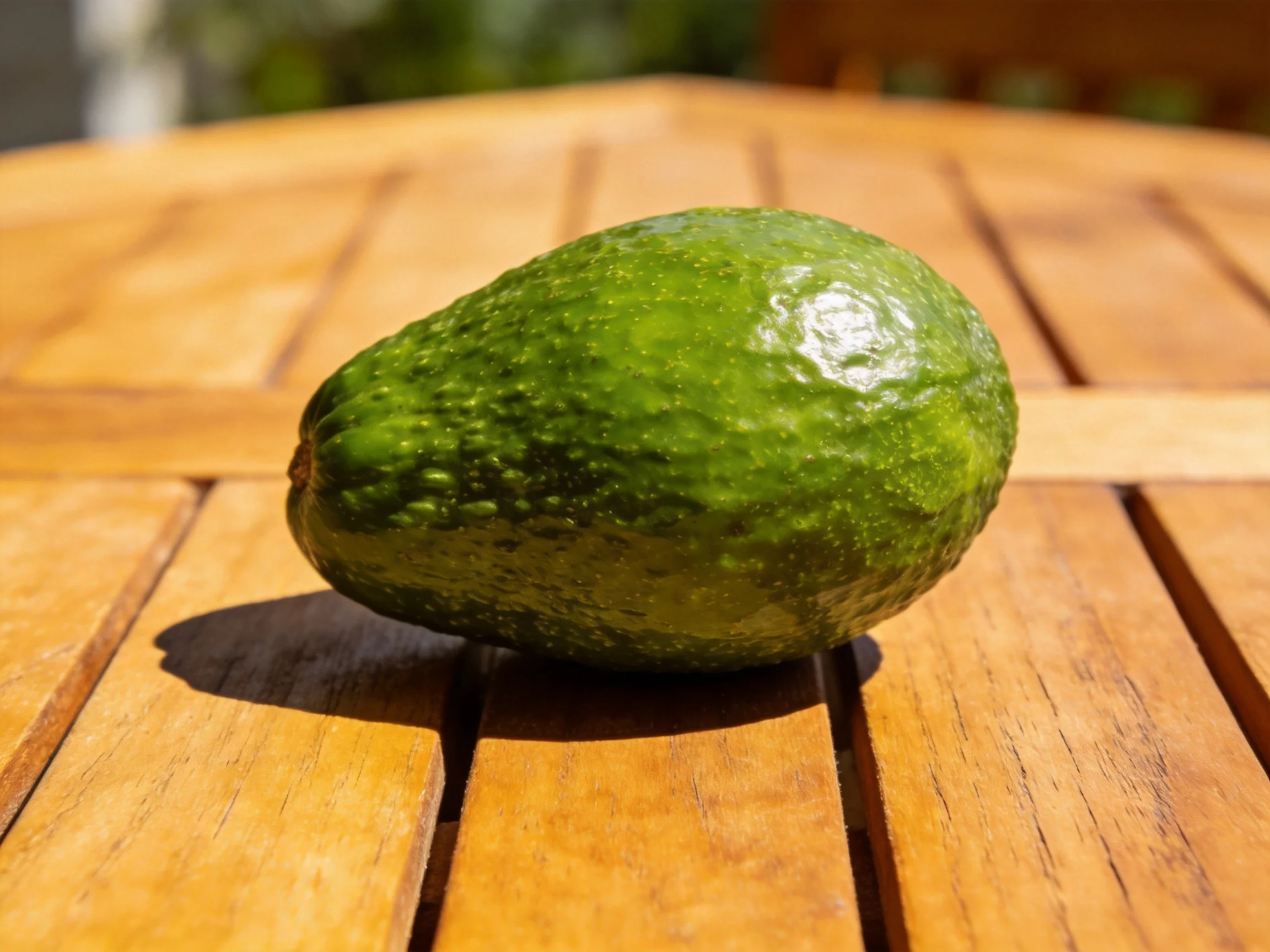 A single green avocado resting on a wooden slatted table