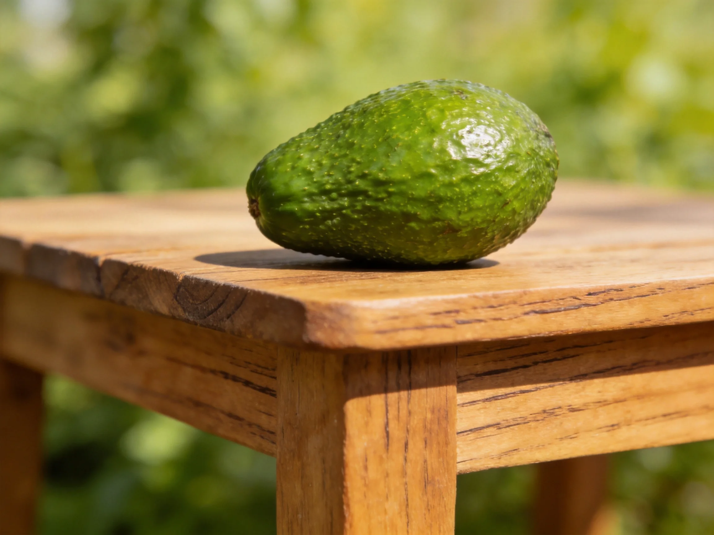 A single green avocado rests on a polished wooden outdoor table