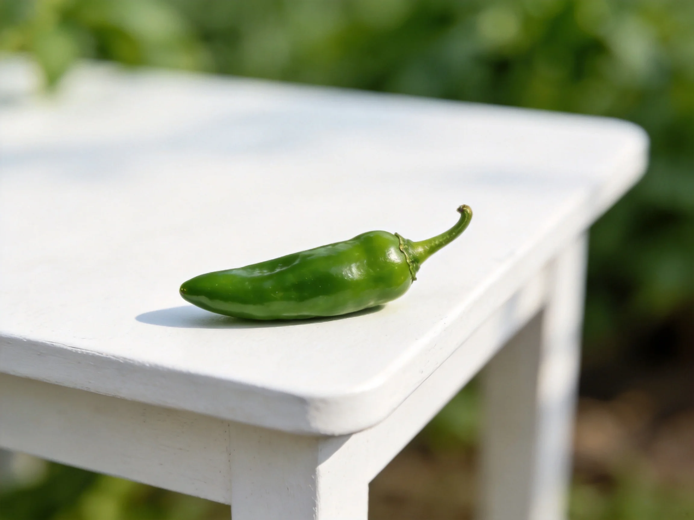 A single green chili pepper on a white table outdoors