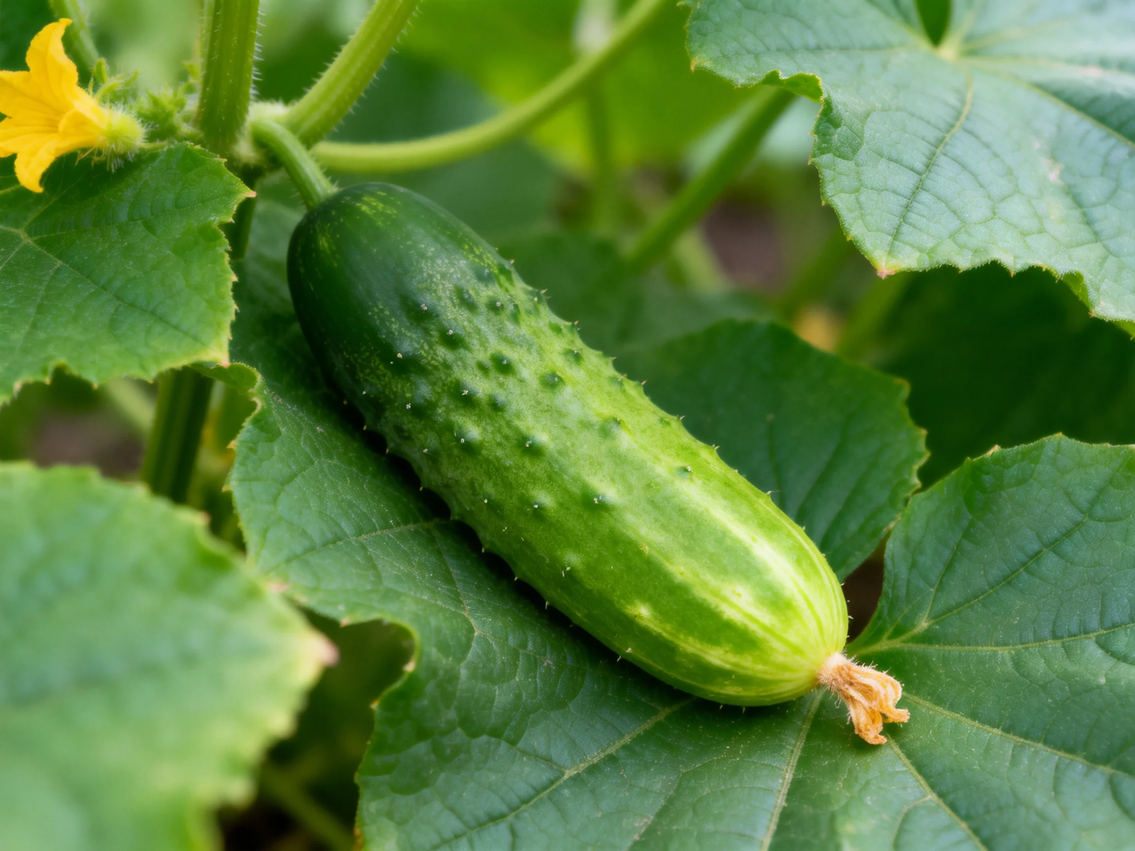 A single green cucumber grows among broad green leaves with a small yellow flower