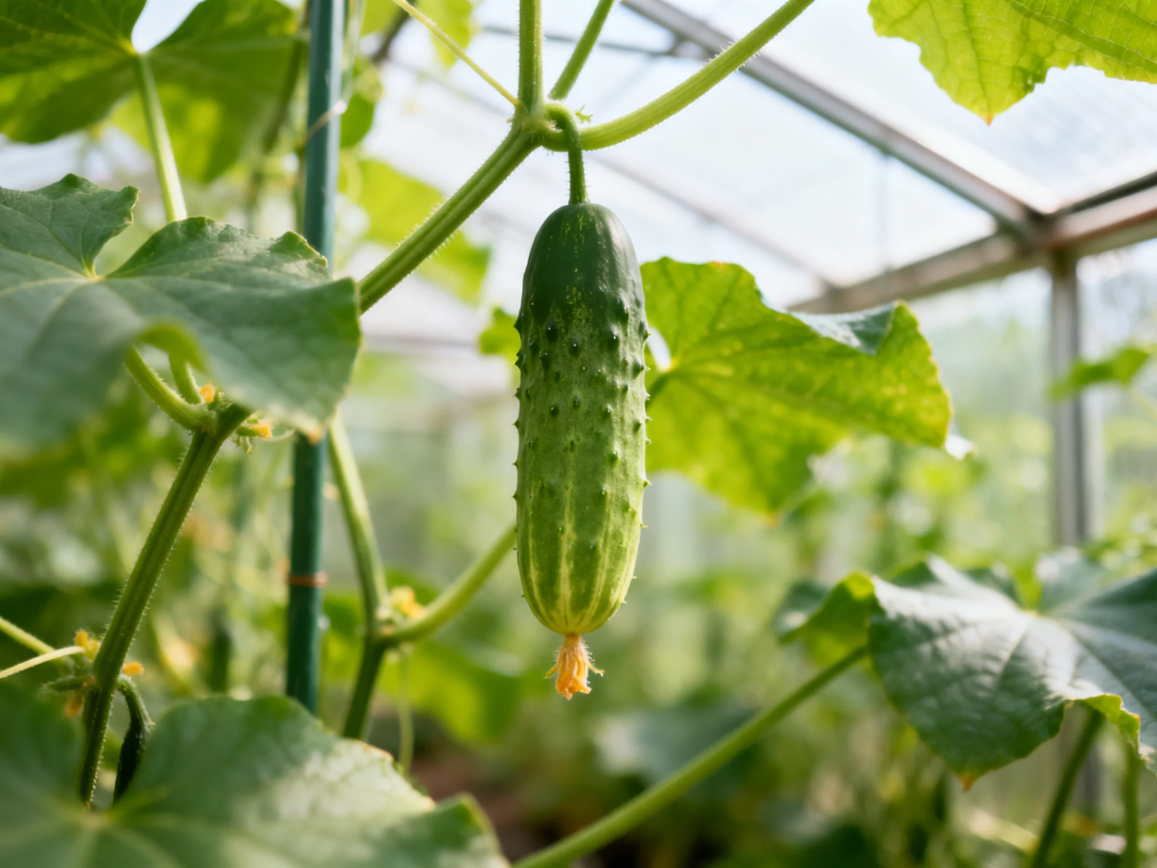 A single green cucumber hangs from a vine among broad leaves in a greenhouse