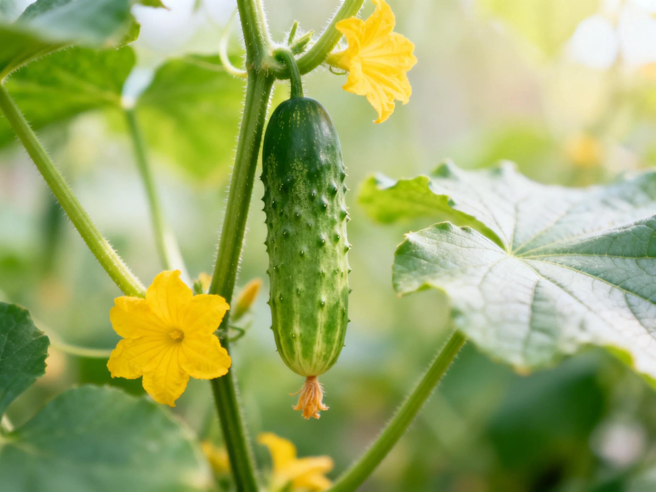 A single green cucumber hangs from a vine with vibrant yellow flowers and broad green leaves