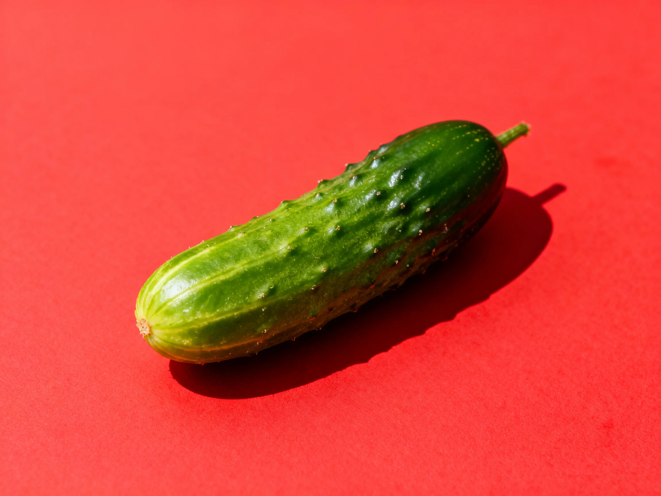 A single green cucumber sits on a bold red surface
