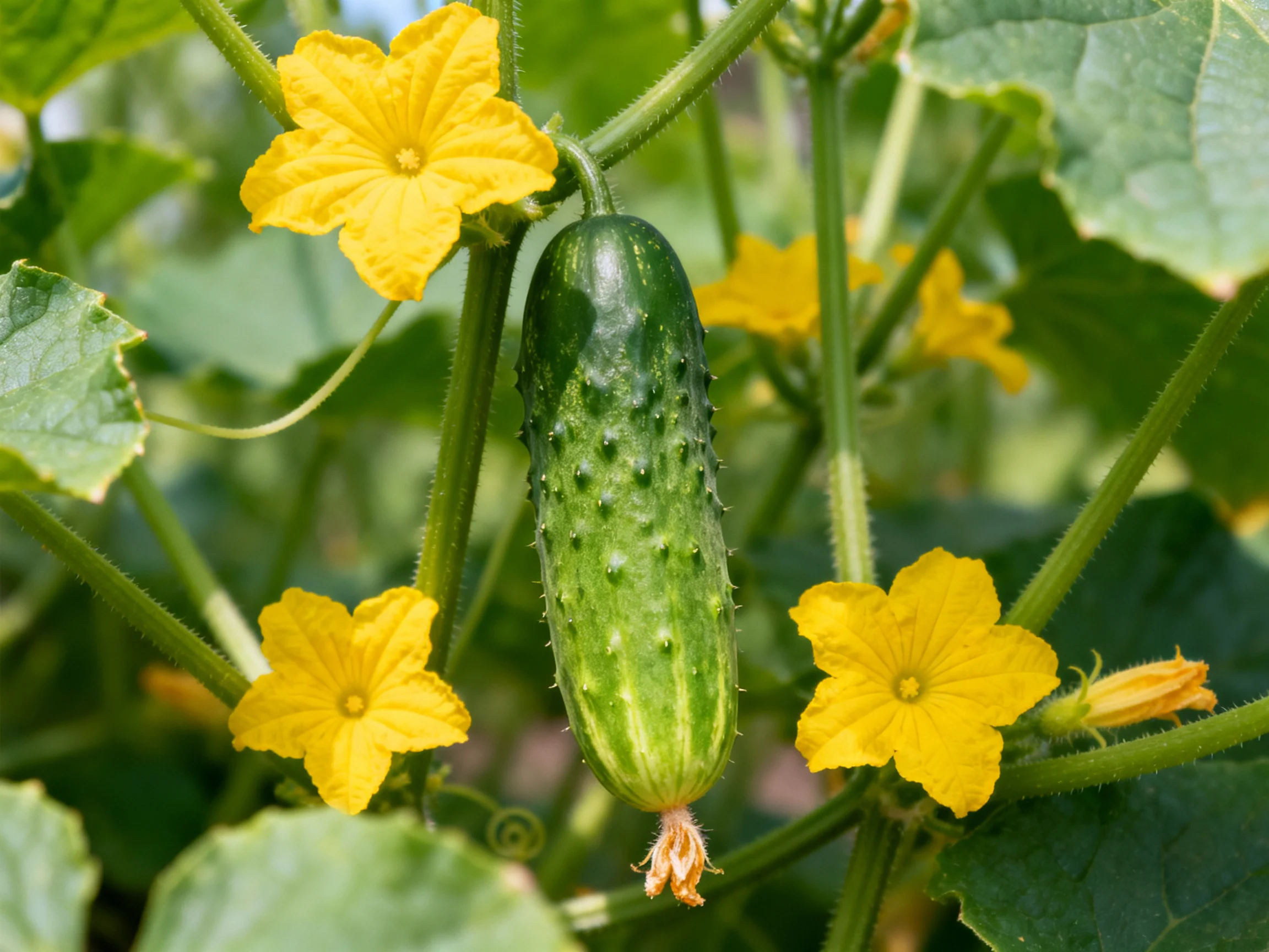 A single green cucumber with bright yellow flowers among lush green foliage