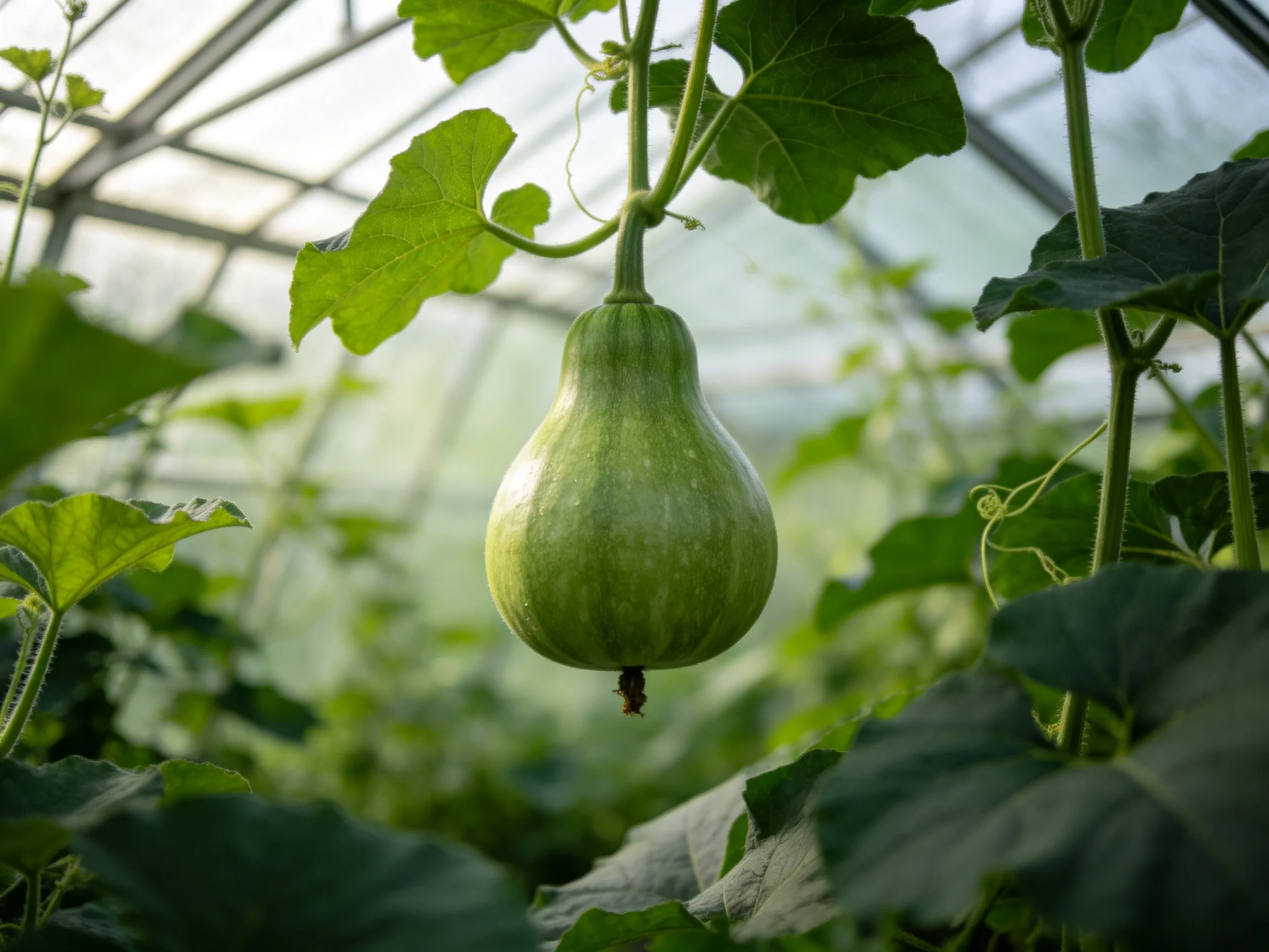 A single green gourd hangs from vines in a sunlit greenhouse