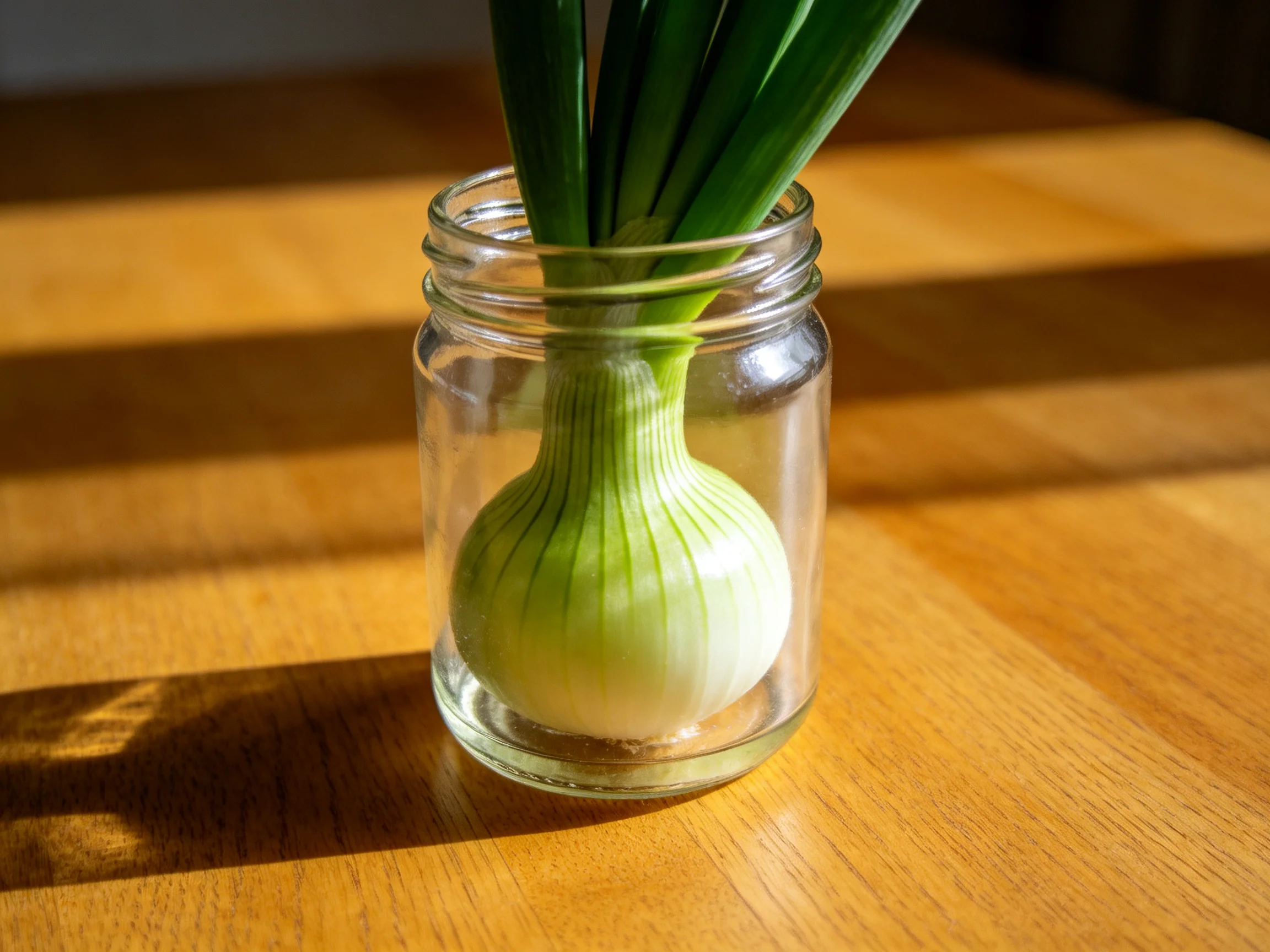A single green onion bulb with long shoots in a clear glass jar on a wooden table