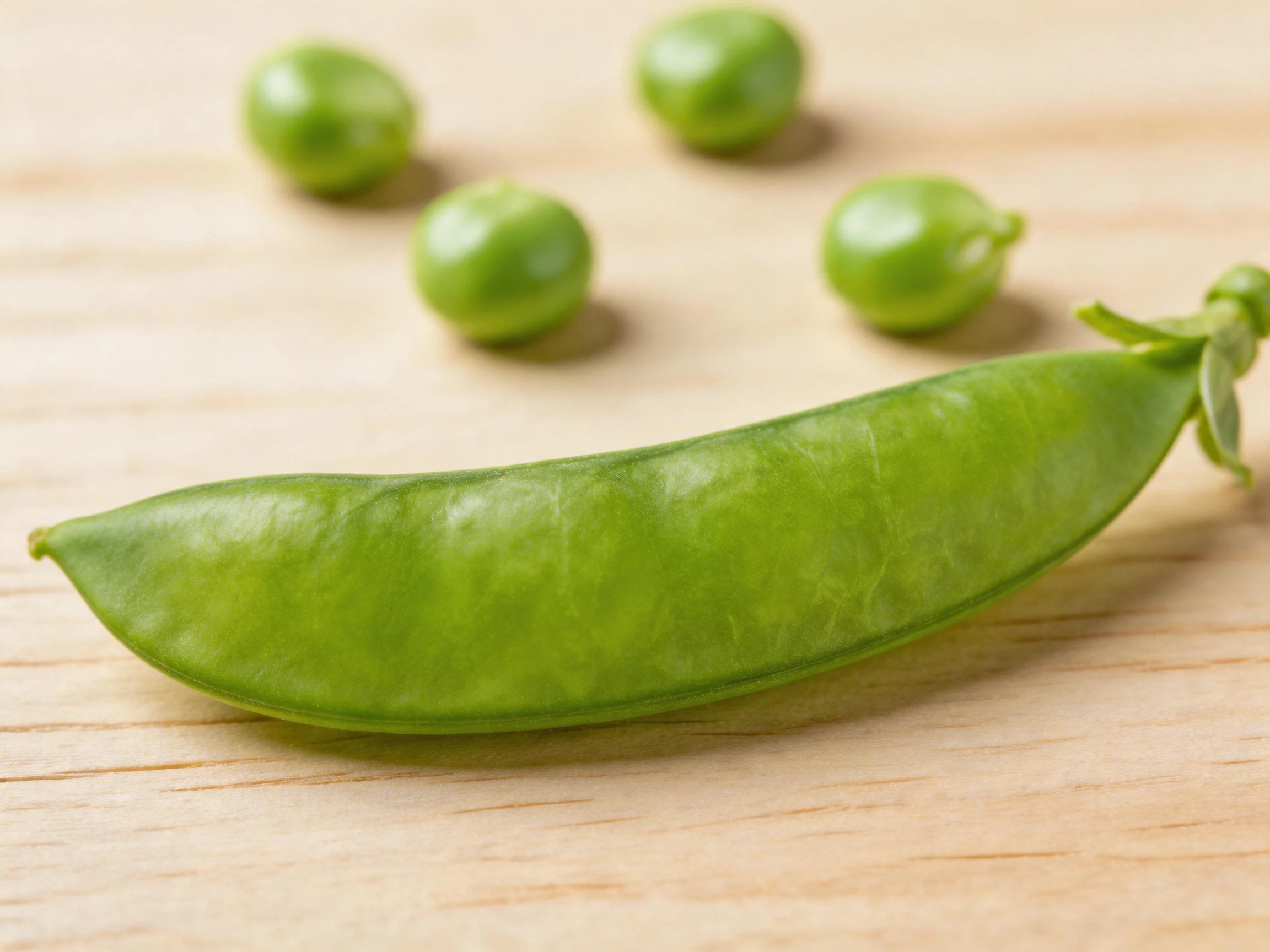 A single green pea pod with four loose peas on a light wooden surface