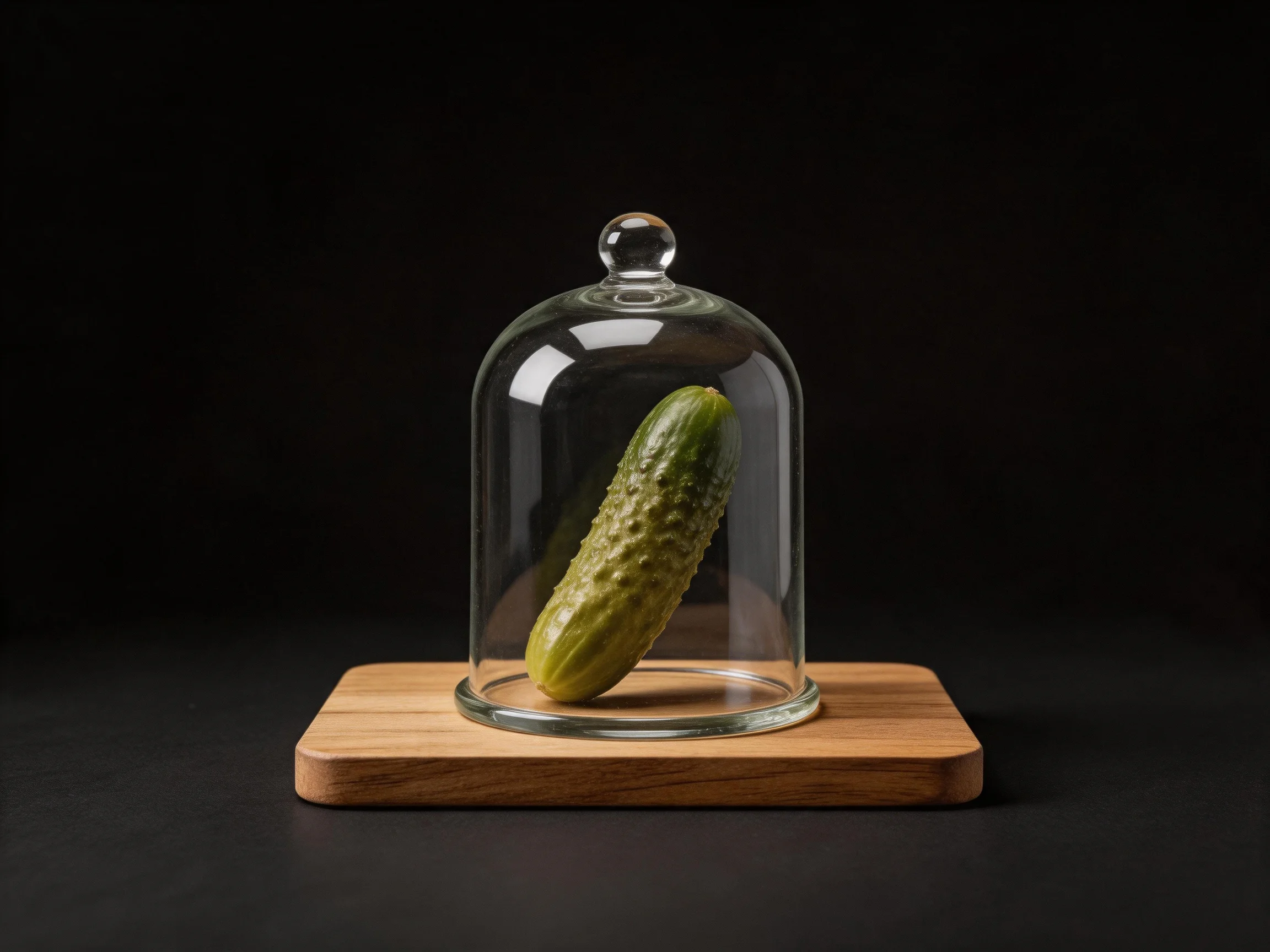 A single green pickle under a clear glass dome on a wooden board