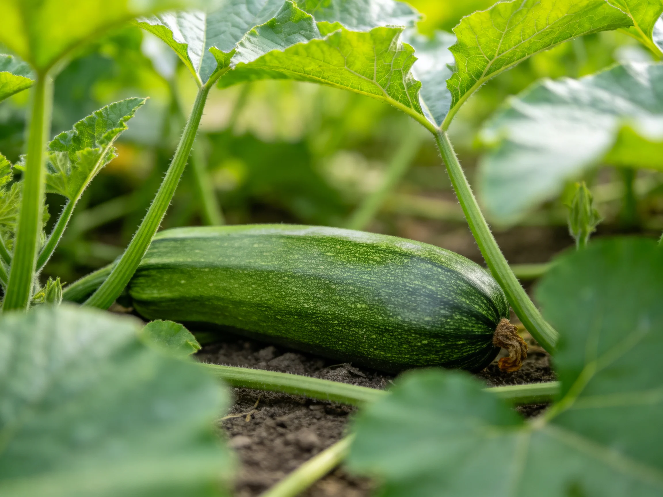 A single green zucchini rests amid thick, vibrant leaves in a garden bed