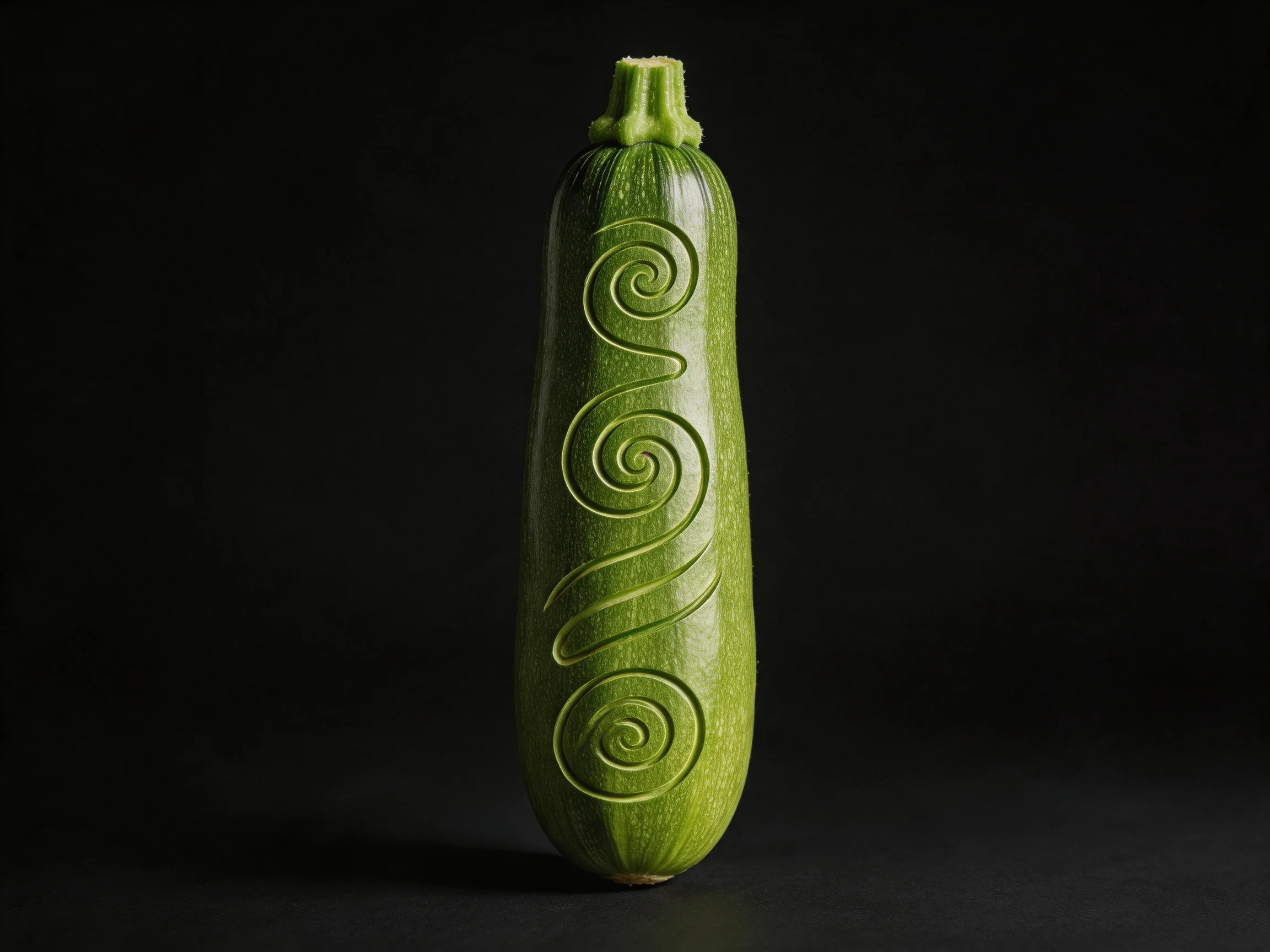 A single green zucchini with intricate spiral carvings on a black background