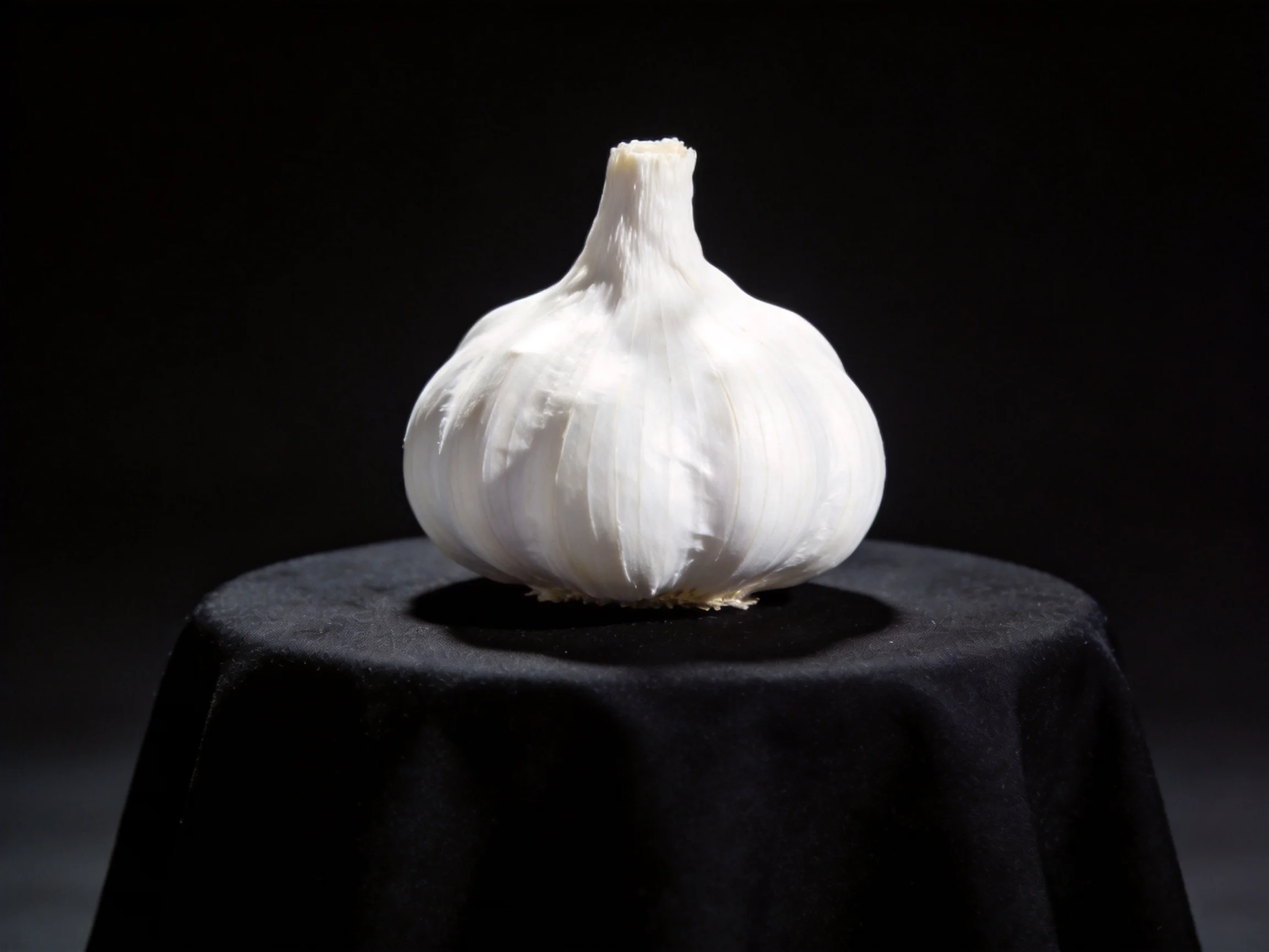 A single large white garlic bulb sits atop a black cloth-covered circular stand.