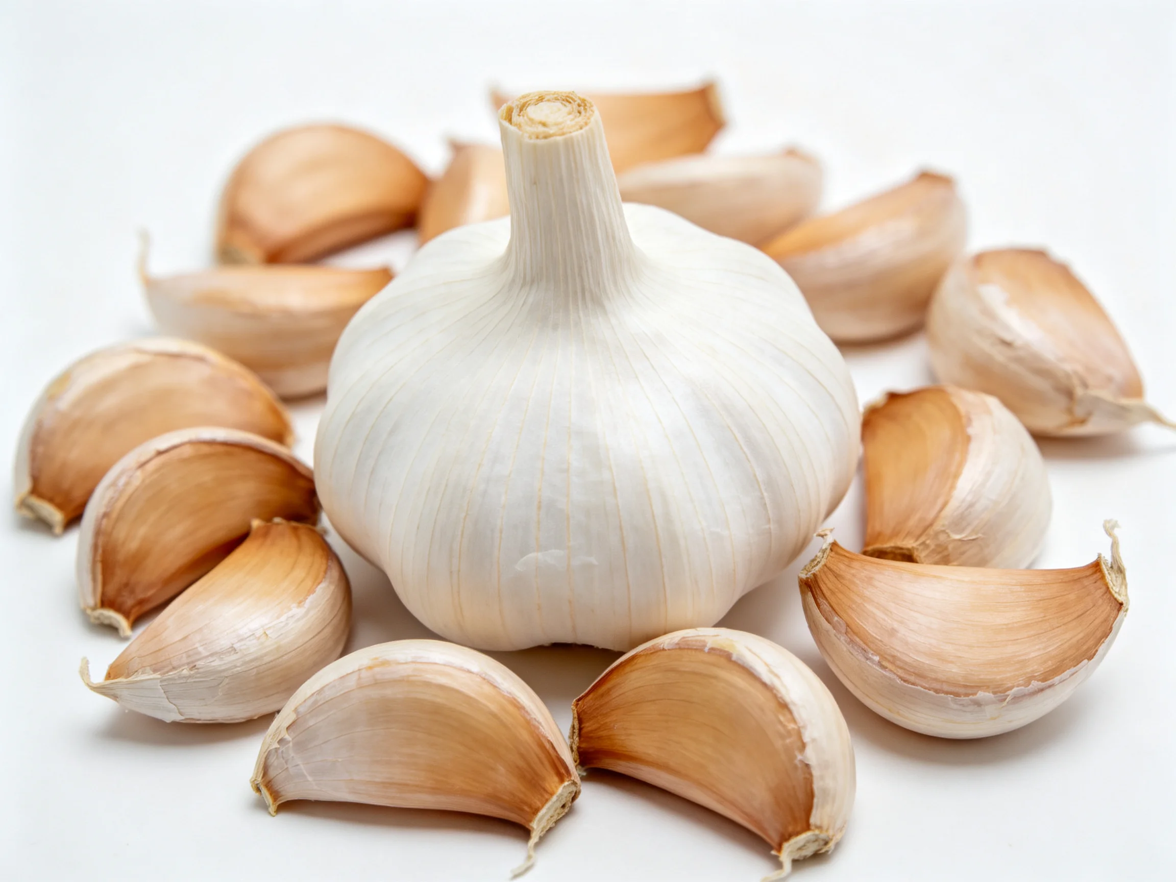 A single large white garlic bulb with numerous peeled cloves arranged nearby