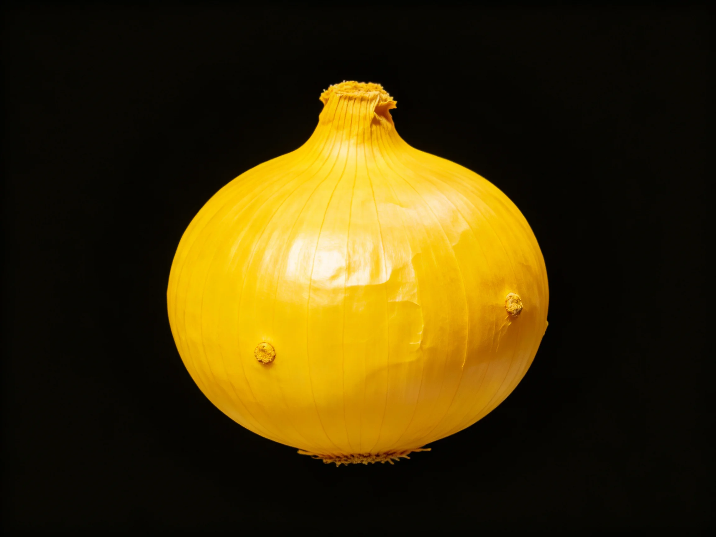A single large yellow onion with smooth skin on a black background