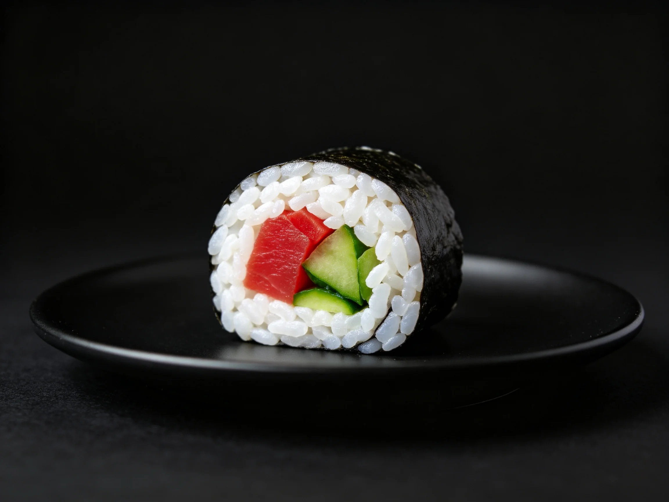 A single maki sushi roll with tuna and cucumber on a black plate
